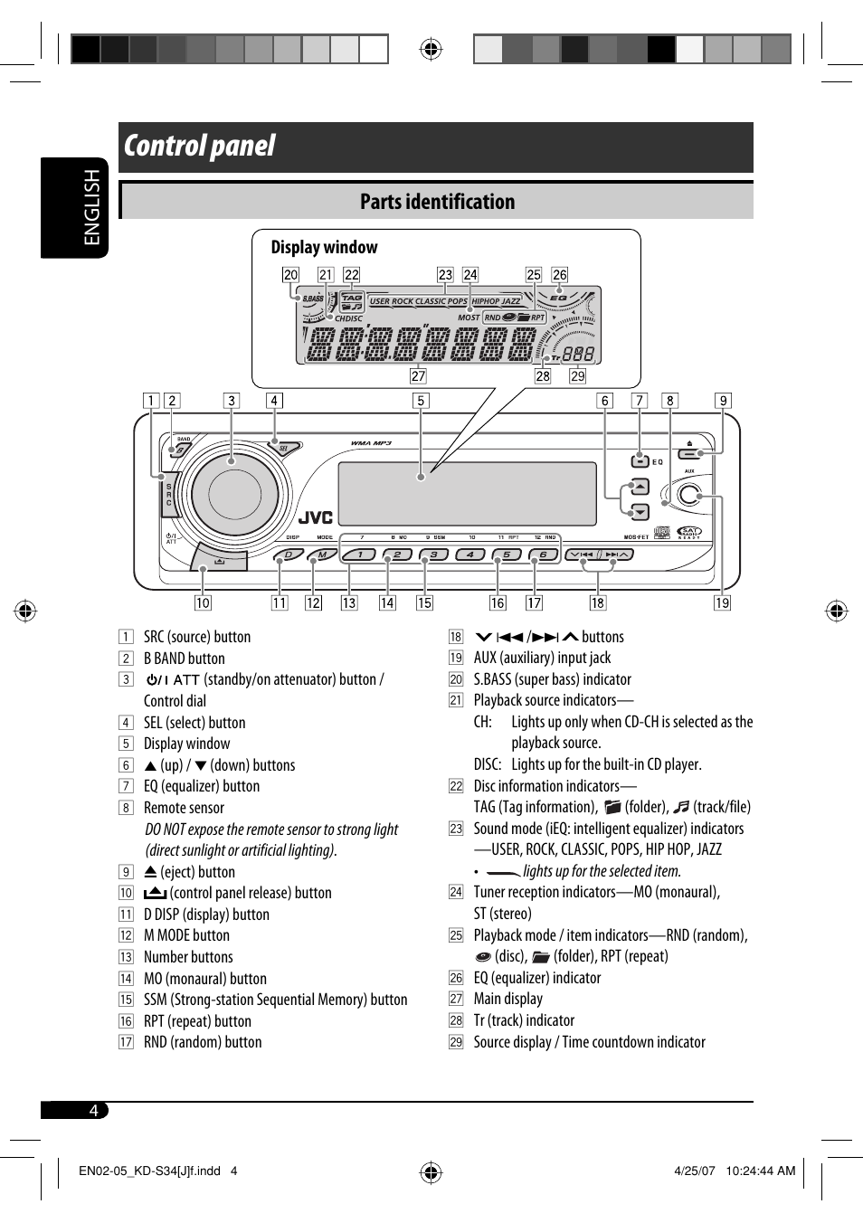 Control panel, Parts identification, English | JVC KD-S34 User Manual | Page 4 / 54