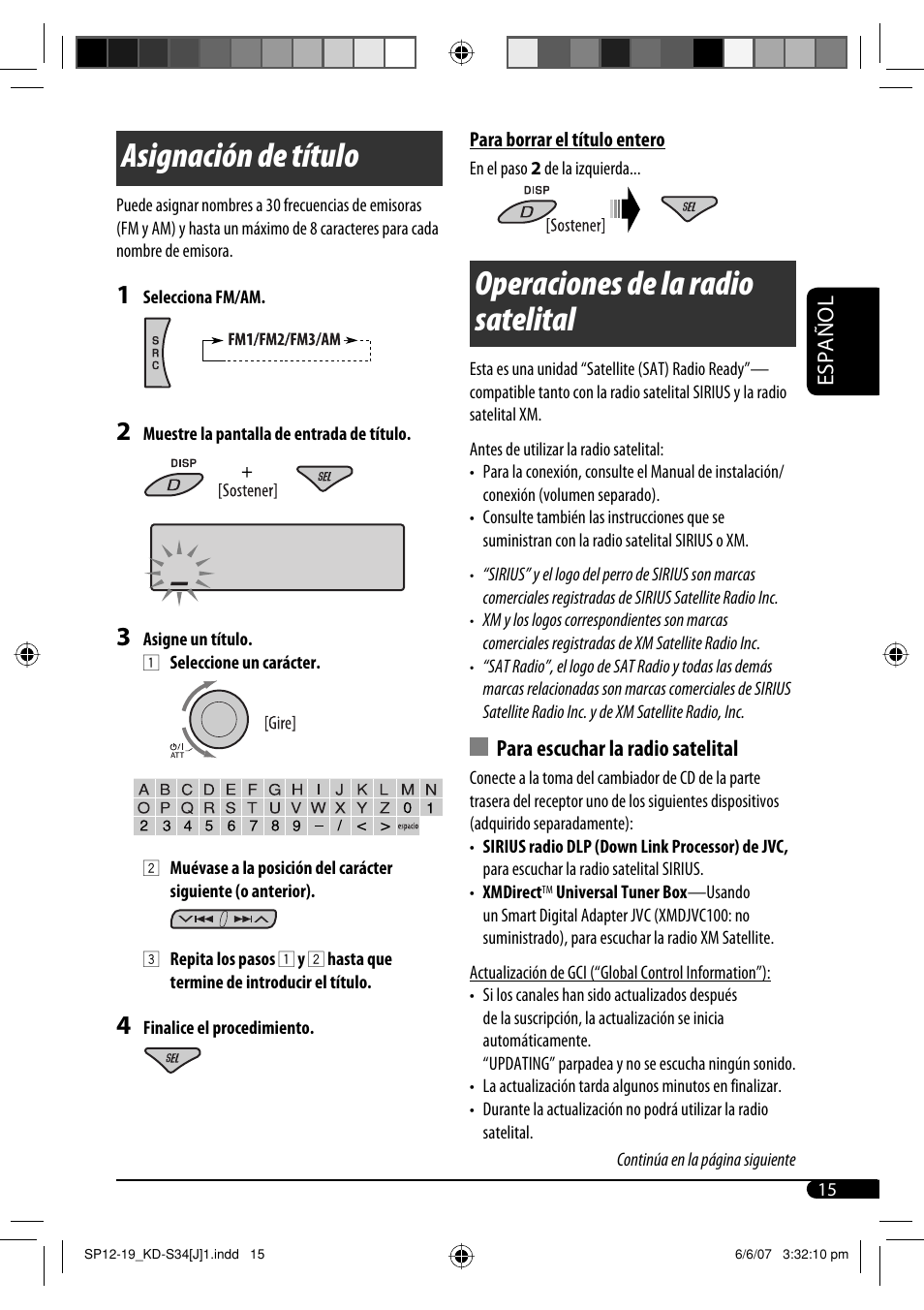 Operaciones de la radio satelital, Asignación de título, Español | Para escuchar la radio satelital | JVC KD-S34 User Manual | Page 41 / 54