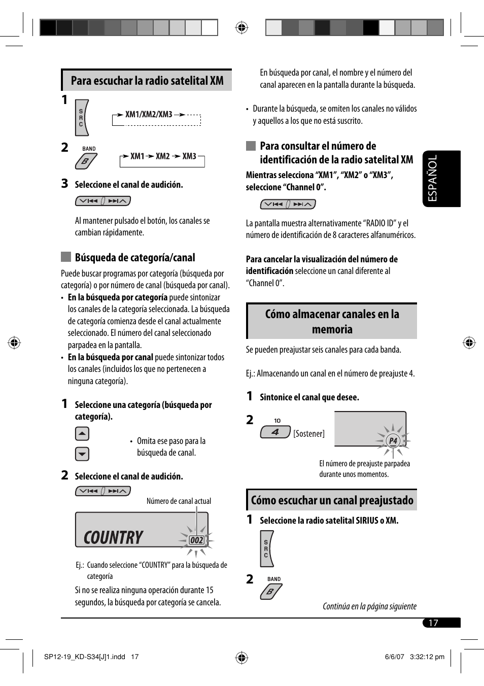 Cómo escuchar un canal preajustado, Para escuchar la radio satelital xm | JVC KD-S34 User Manual | Page 43 / 54