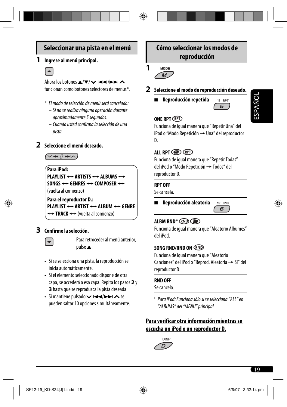 Cómo seleccionar los modos de reproducción, Seleccionar una pista en el menú, Español | JVC KD-S34 User Manual | Page 45 / 54