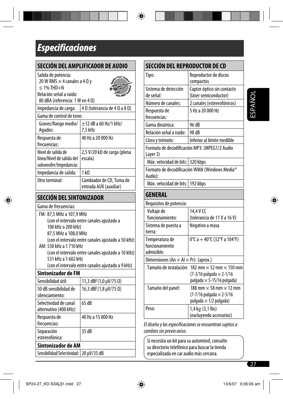 Especificaciones, Español, Sección del amplificador de audio | Sección del sintonizador, Sección del reproductor de cd, General | JVC KD-S34 User Manual | Page 53 / 54