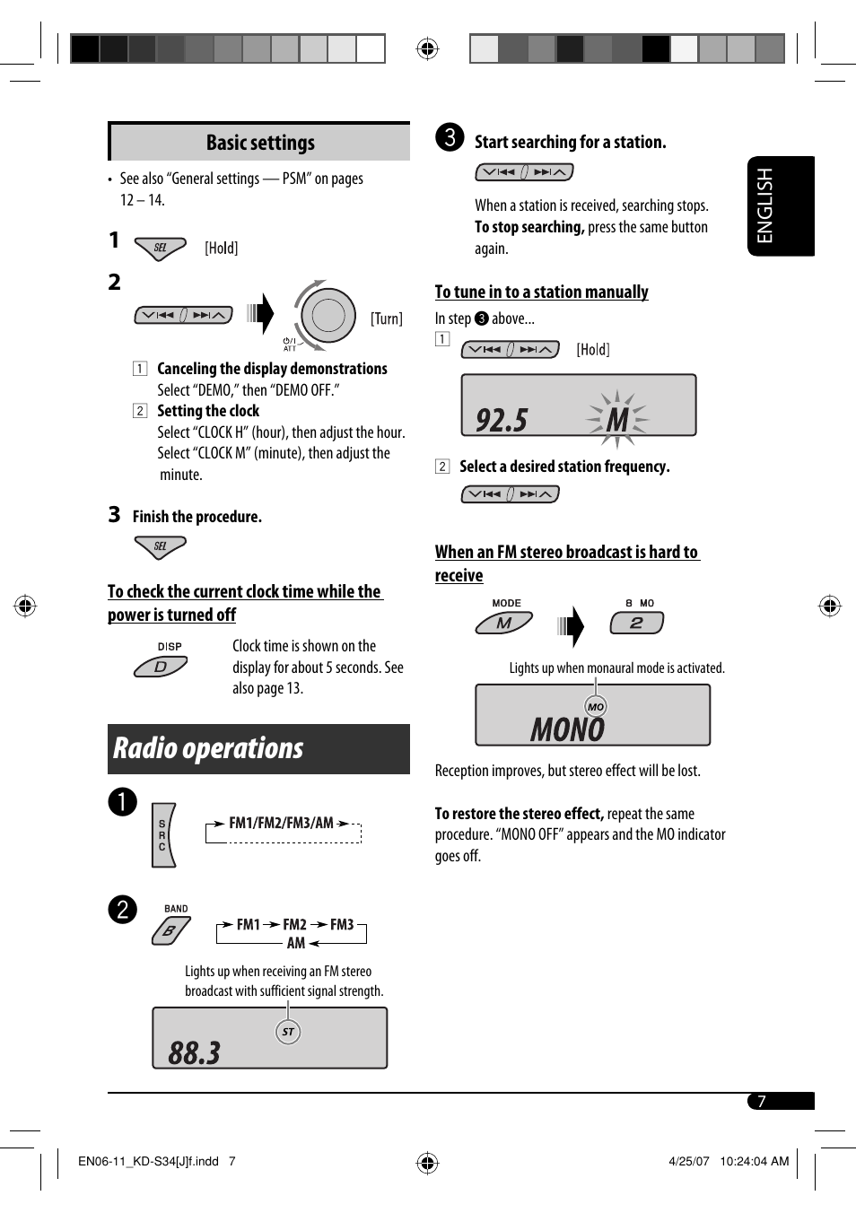 Radio operations, Basic settings | JVC KD-S34 User Manual | Page 7 / 54