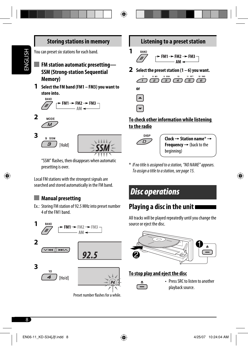 Disc operations, Playing a disc in the unit, Listening to a preset station | JVC KD-S34 User Manual | Page 8 / 54