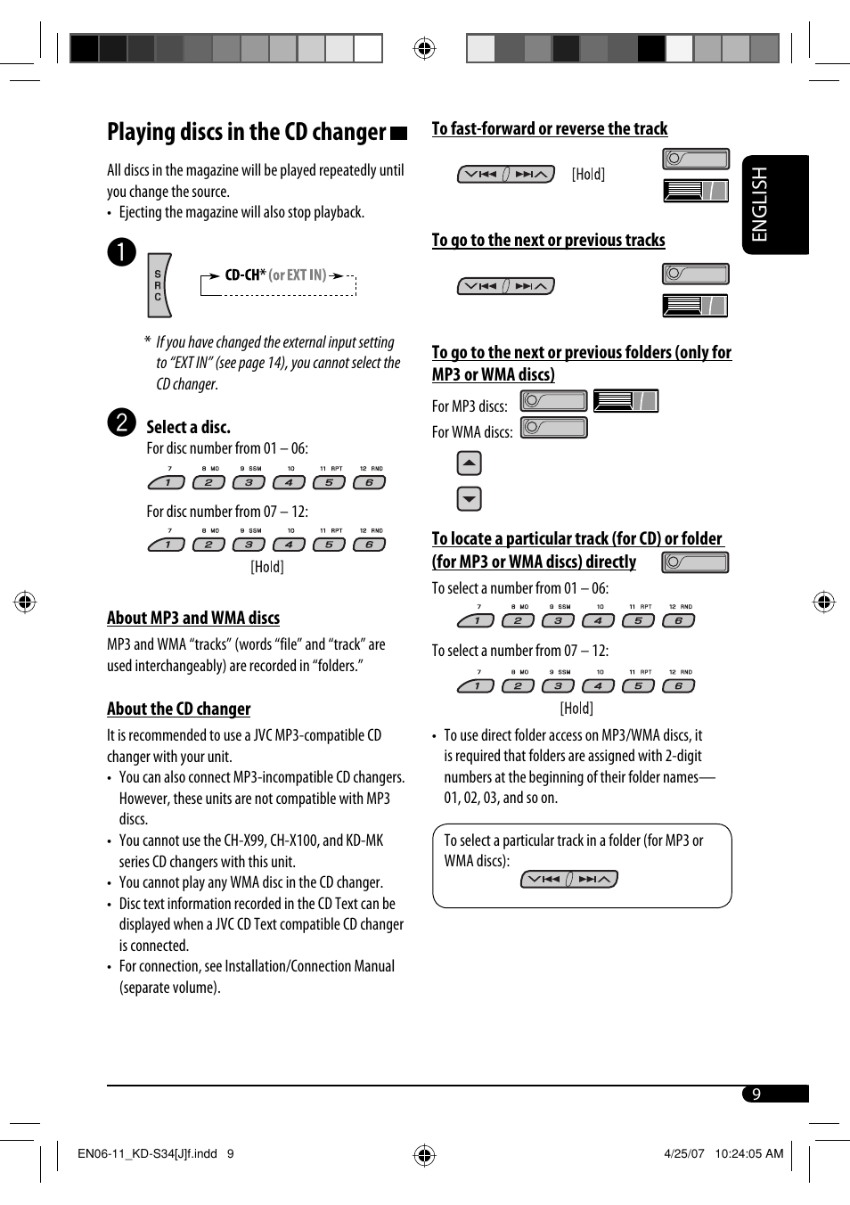 Playing discs in the cd changer | JVC KD-S34 User Manual | Page 9 / 54