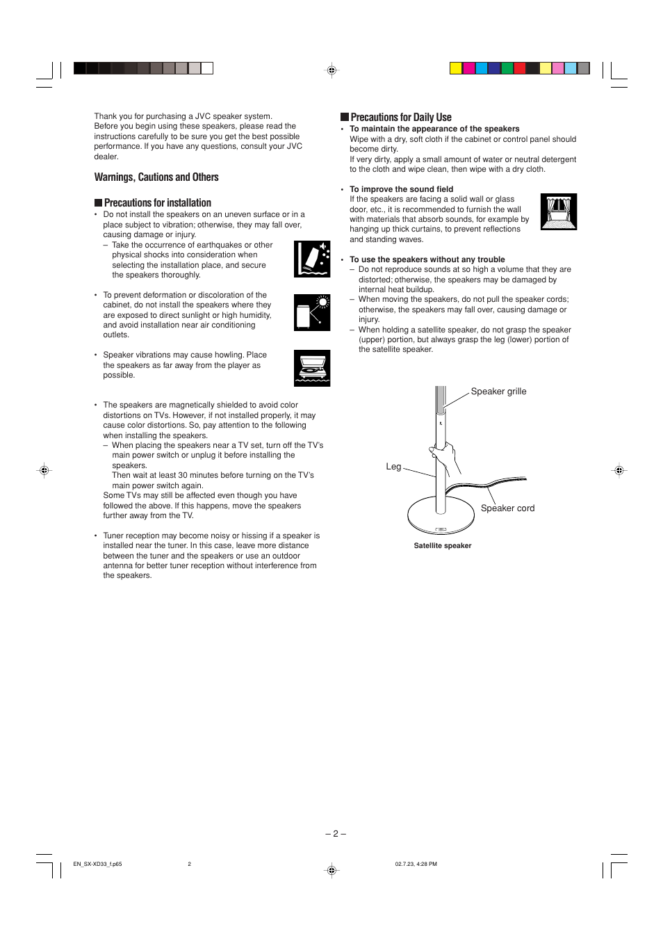 Warnings, cautions and others, Precautions for daily use | JVC SX-XDC33 User Manual | Page 2 / 9