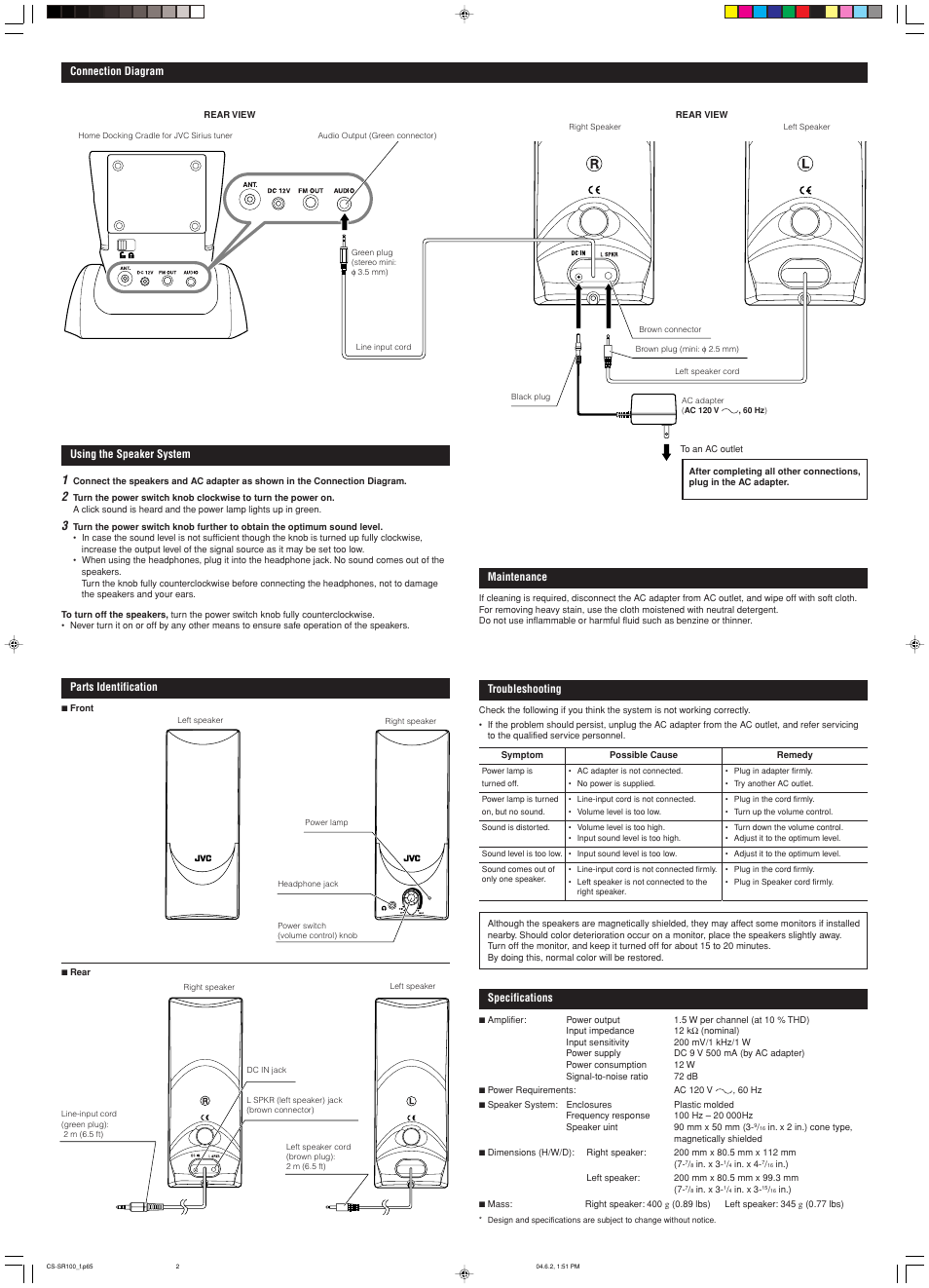 Connection diagram, Using the speaker system, Parts identification | Maintenance, Troubleshooting, Specifications | JVC CS-SR100 User Manual | Page 2 / 2