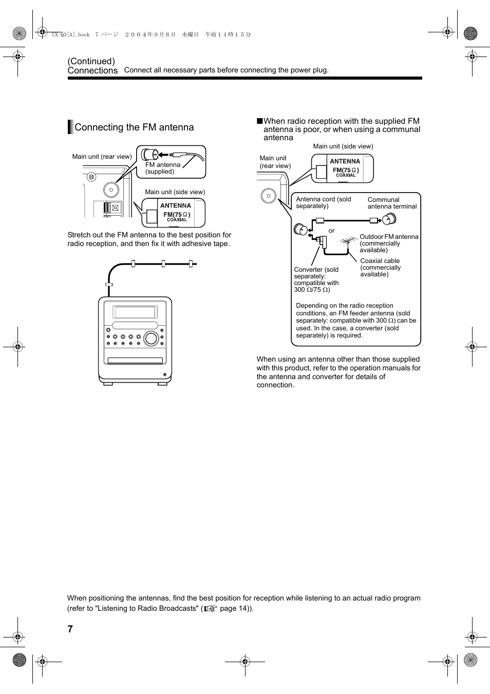 Connecting the fm antenna, Continued) connections | JVC CA-UXQ3S User Manual | Page 10 / 32