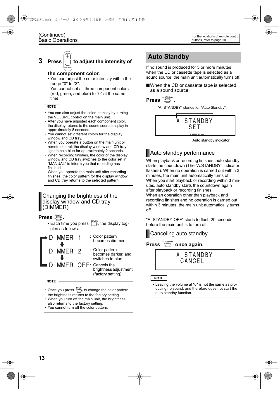 Auto standby, Auto standby performance canceling auto standby | JVC CA-UXQ3S User Manual | Page 16 / 32