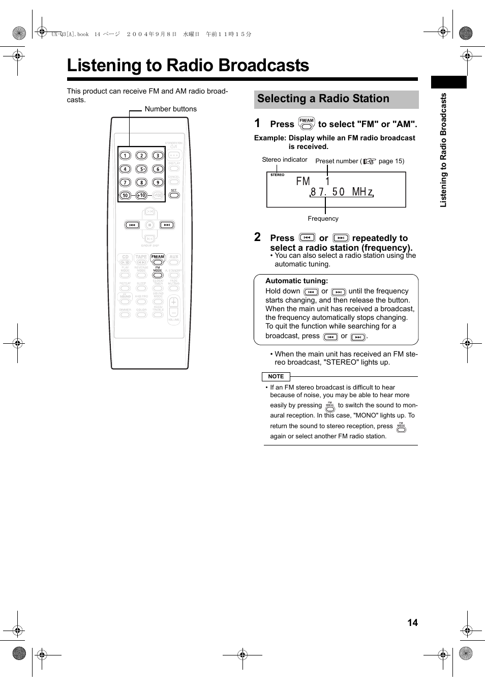 Listening to radio broadcasts, Selecting a radio station | JVC CA-UXQ3S User Manual | Page 17 / 32