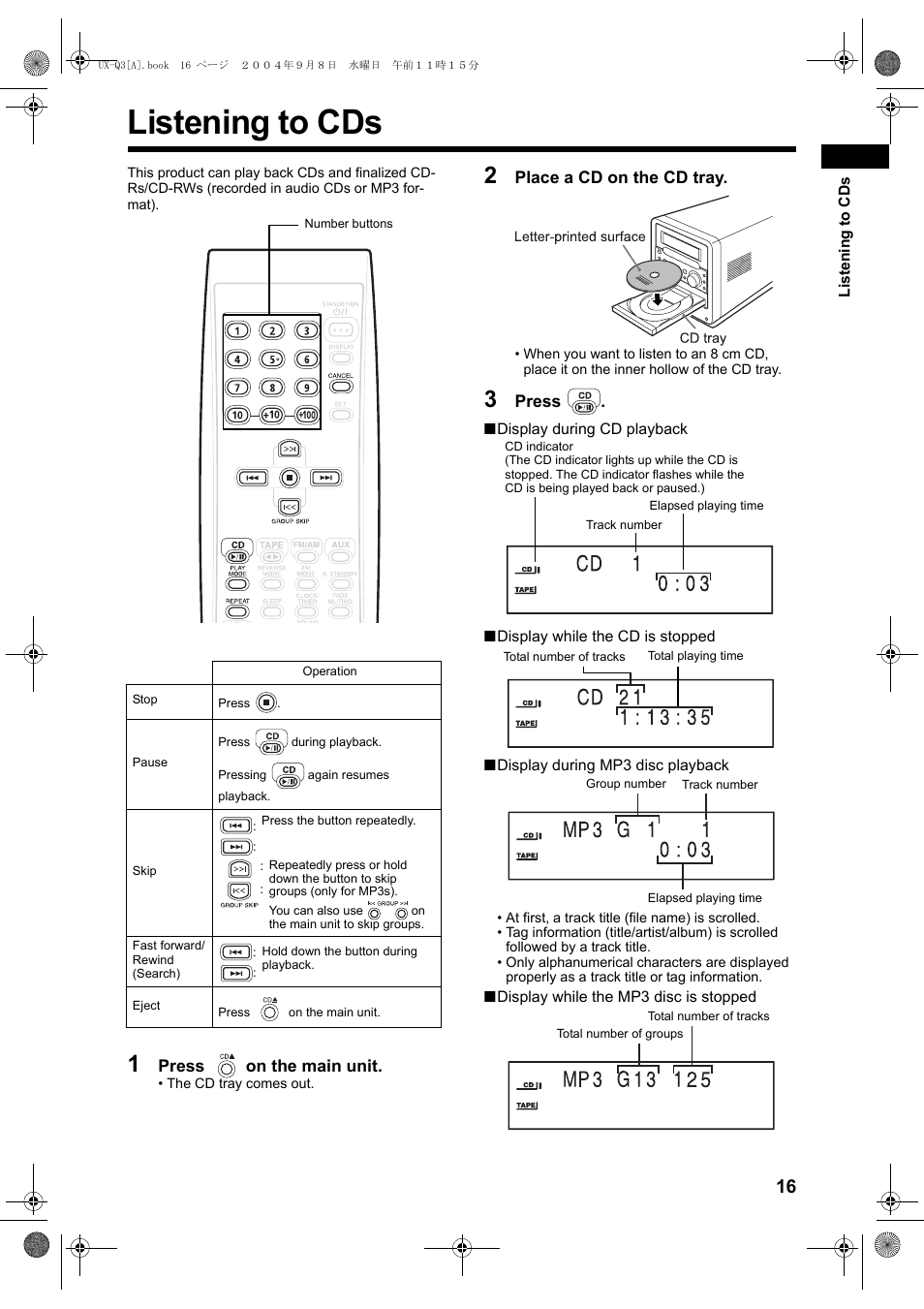 Listening to cds | JVC CA-UXQ3S User Manual | Page 19 / 32