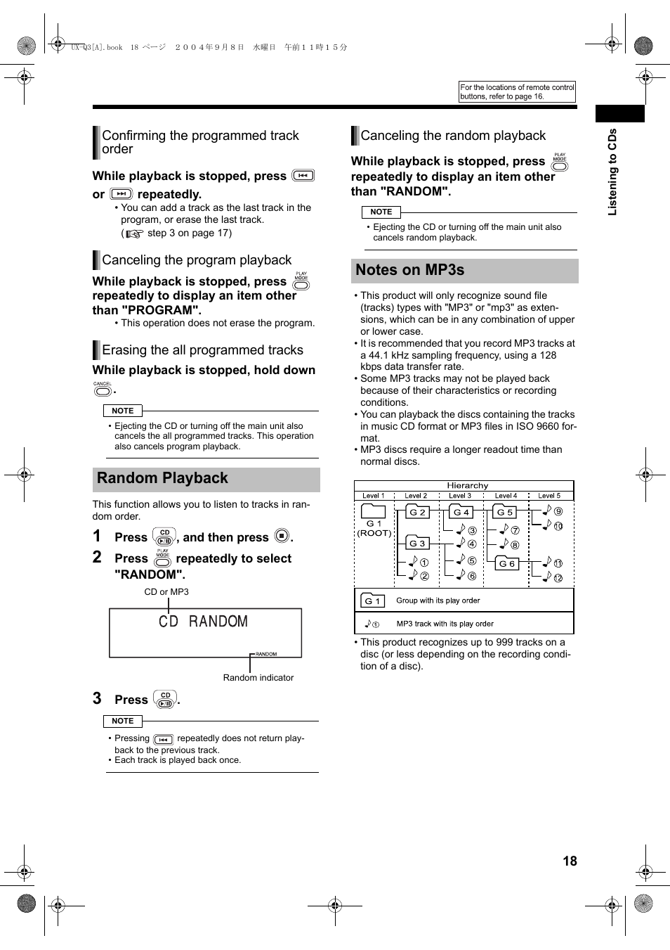 Random playback, Canceling the random playback | JVC CA-UXQ3S User Manual | Page 21 / 32