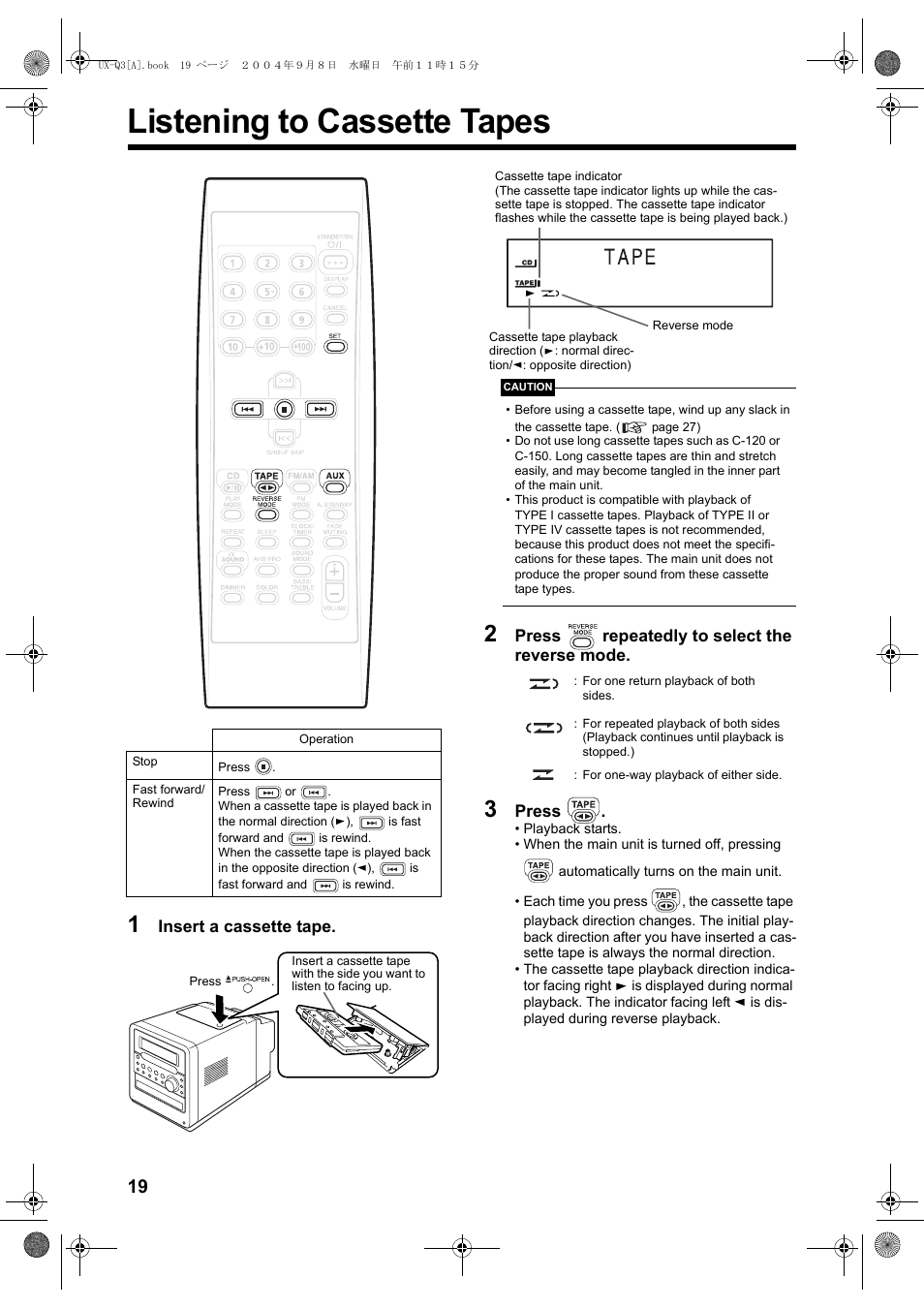 Listening to cassette tapes | JVC CA-UXQ3S User Manual | Page 22 / 32