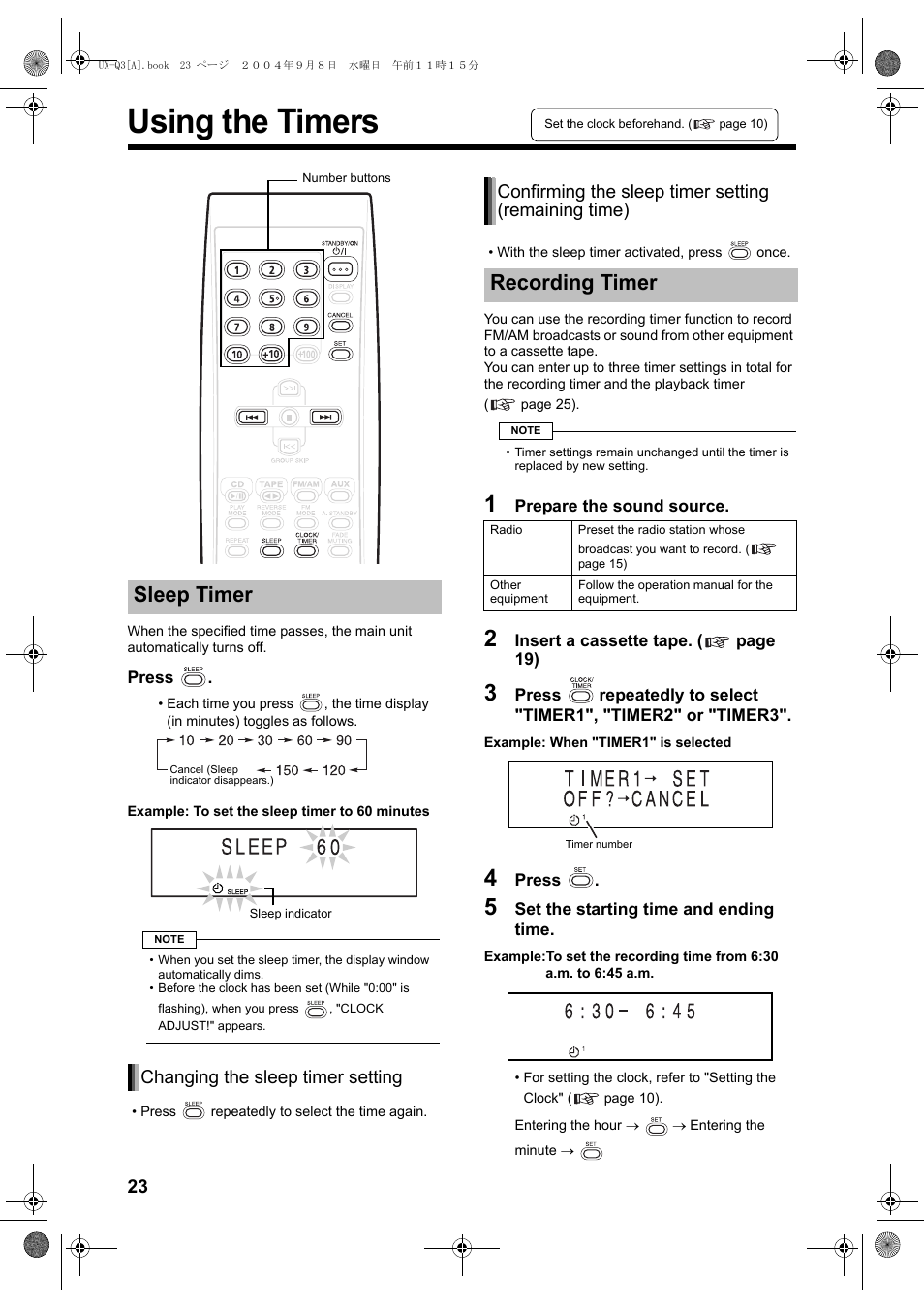 Using the timers, Sleep timer, Recording timer | Changing the sleep timer setting | JVC CA-UXQ3S User Manual | Page 26 / 32