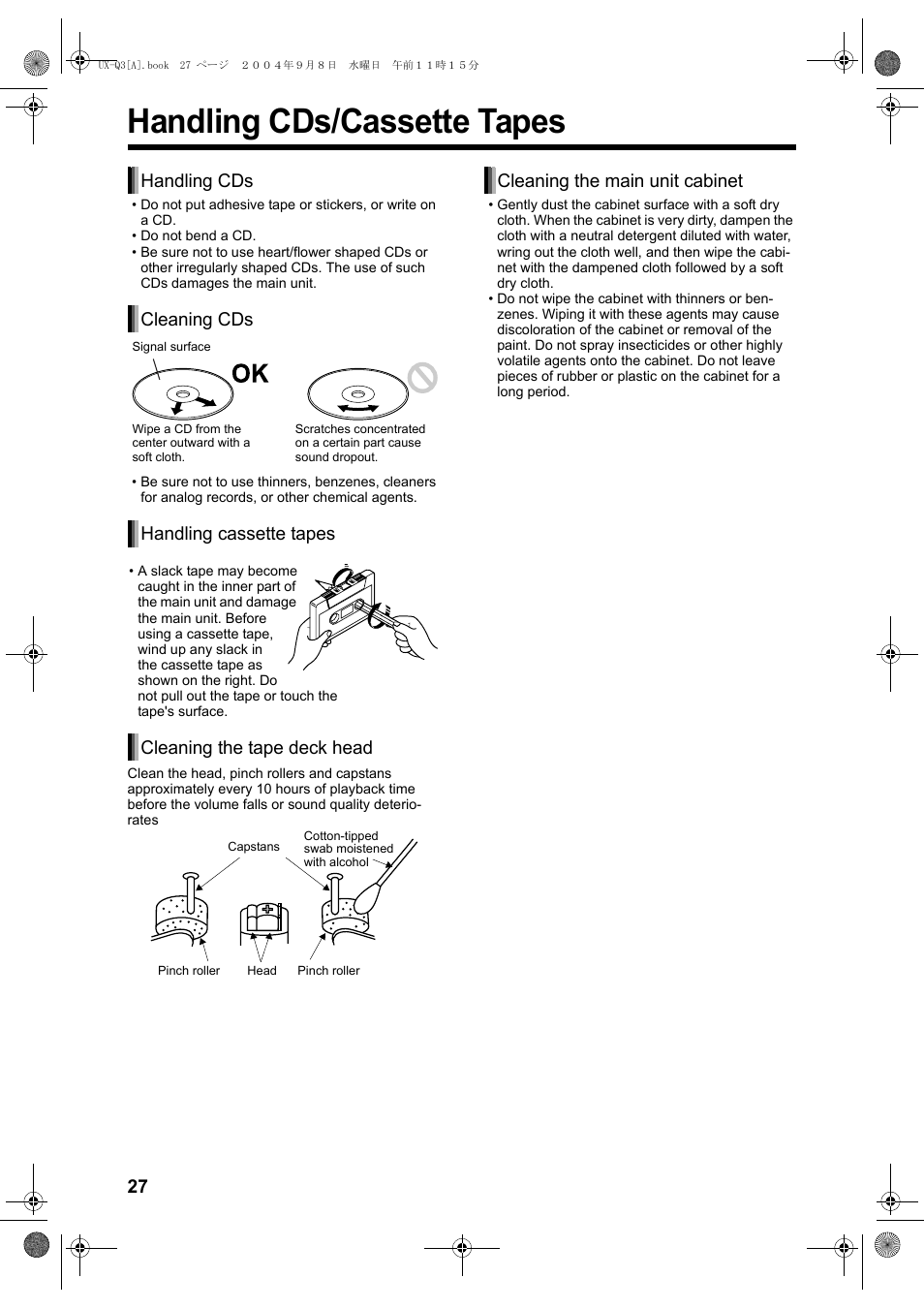 Handling cds/cassette tapes, Handling cds cleaning cds, Handling cassette tapes | Cleaning the tape deck head, Cleaning the main unit cabinet | JVC CA-UXQ3S User Manual | Page 30 / 32