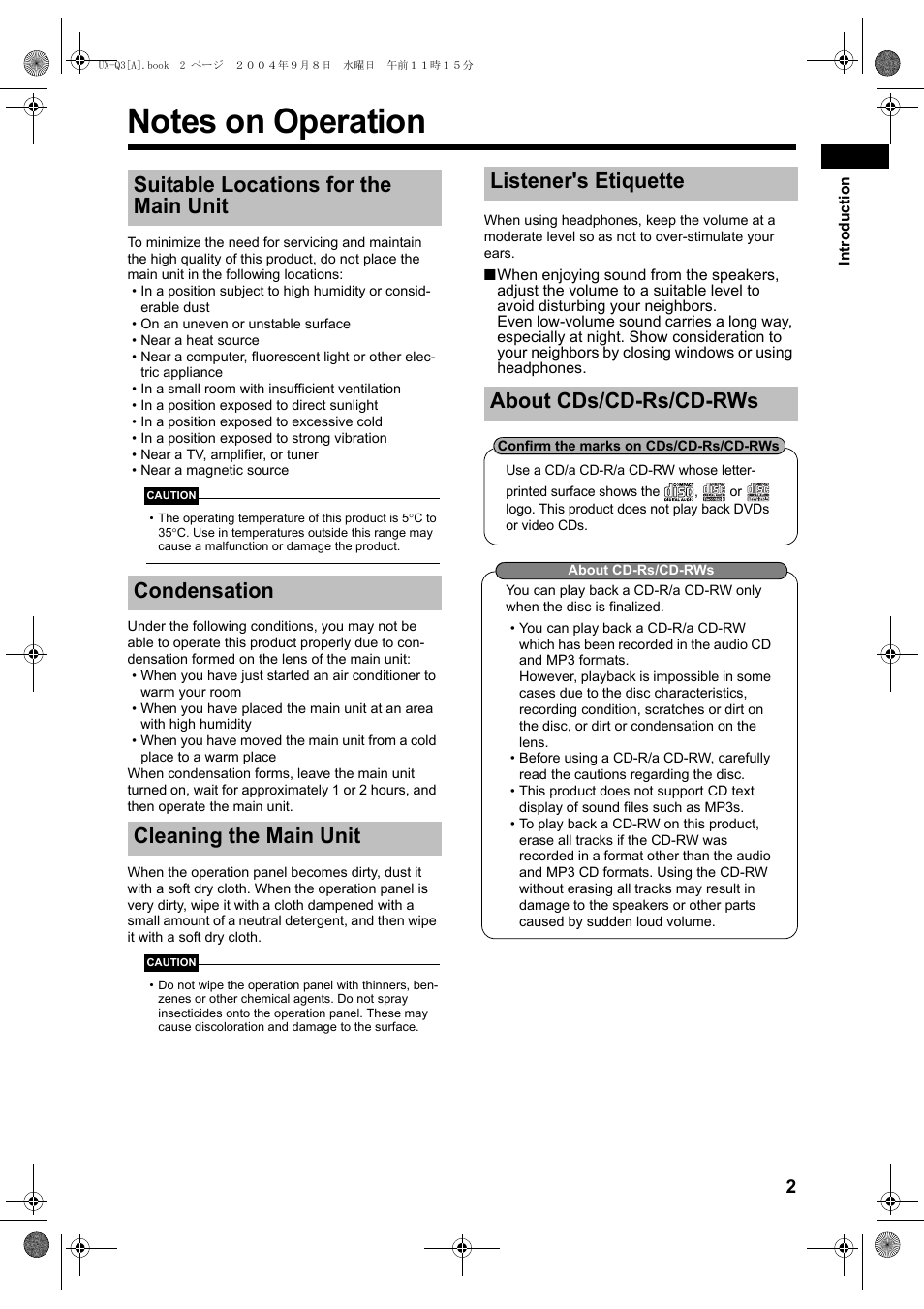 Notes on operation | JVC CA-UXQ3S User Manual | Page 5 / 32