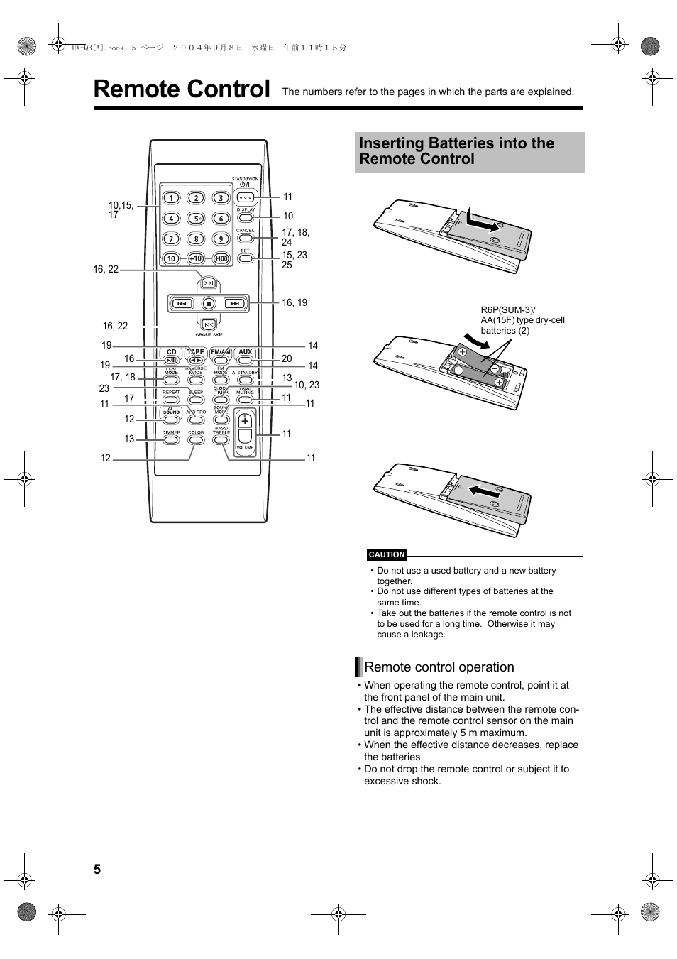 Remote control, Inserting batteries into the remote control, Remote control operation | JVC CA-UXQ3S User Manual | Page 8 / 32