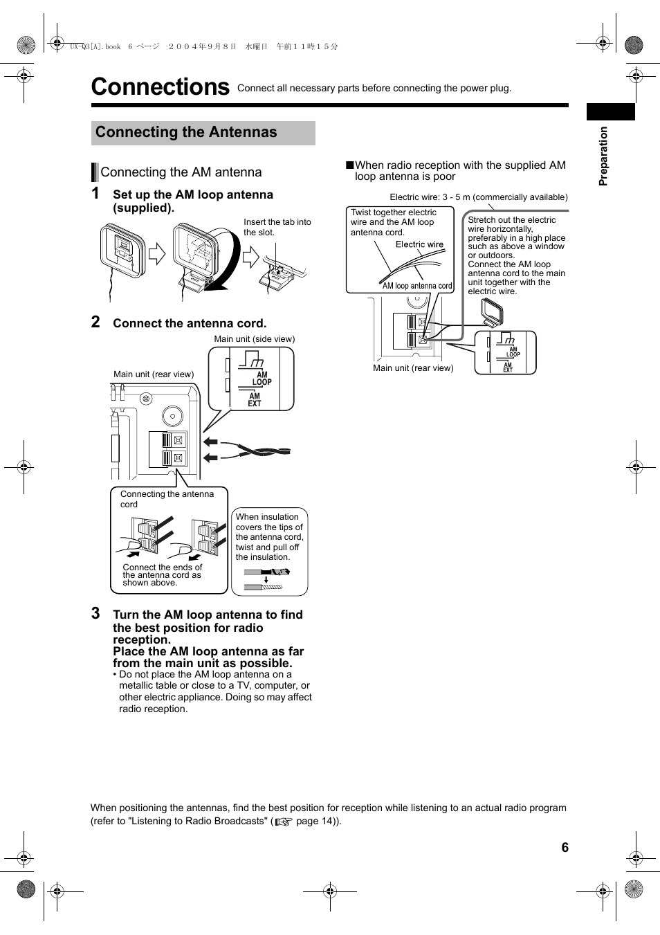 Connections, Connecting the antennas, Connecting the am antenna | JVC CA-UXQ3S User Manual | Page 9 / 32