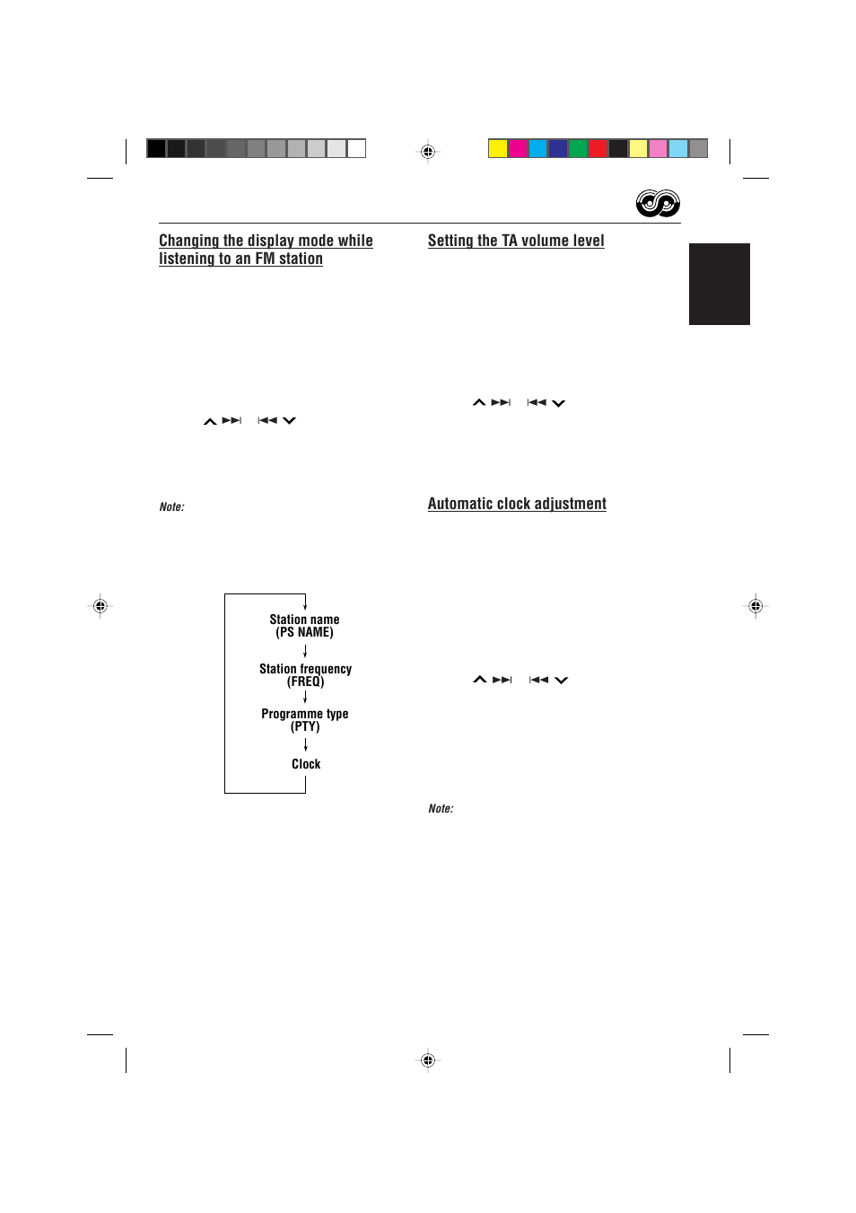 Setting the ta volume level, Automatic clock adjustment | JVC KD-S723R  EN User Manual | Page 15 / 32