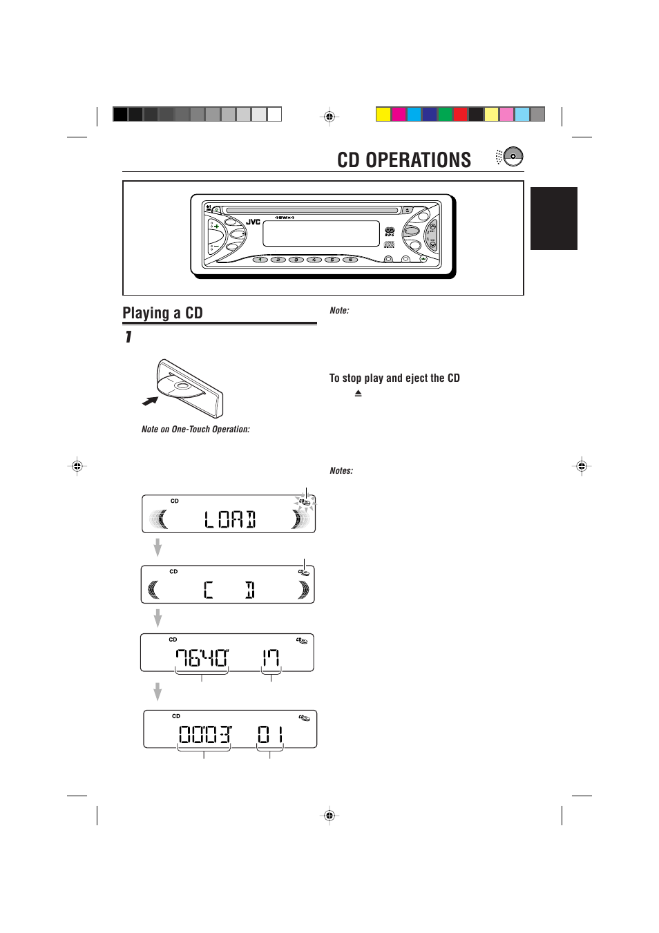 Cd operations, Playing a cd, Playing a cd 1 | English, Insert a disc into the loading slot | JVC KD-S723R  EN User Manual | Page 17 / 32