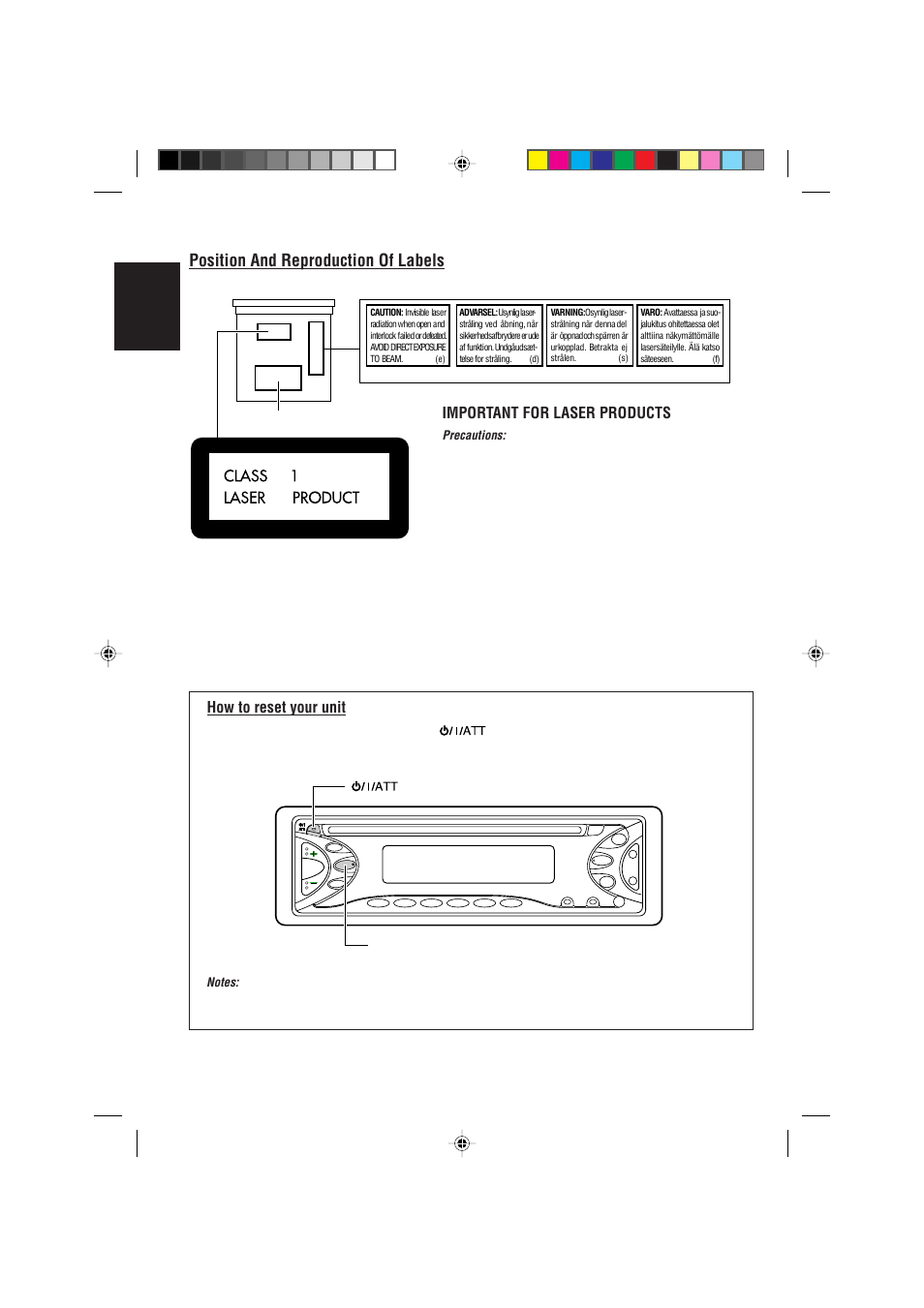 How to reset your unit, Position and reproduction of labels, English | Important for laser products | JVC KD-S723R  EN User Manual | Page 2 / 32