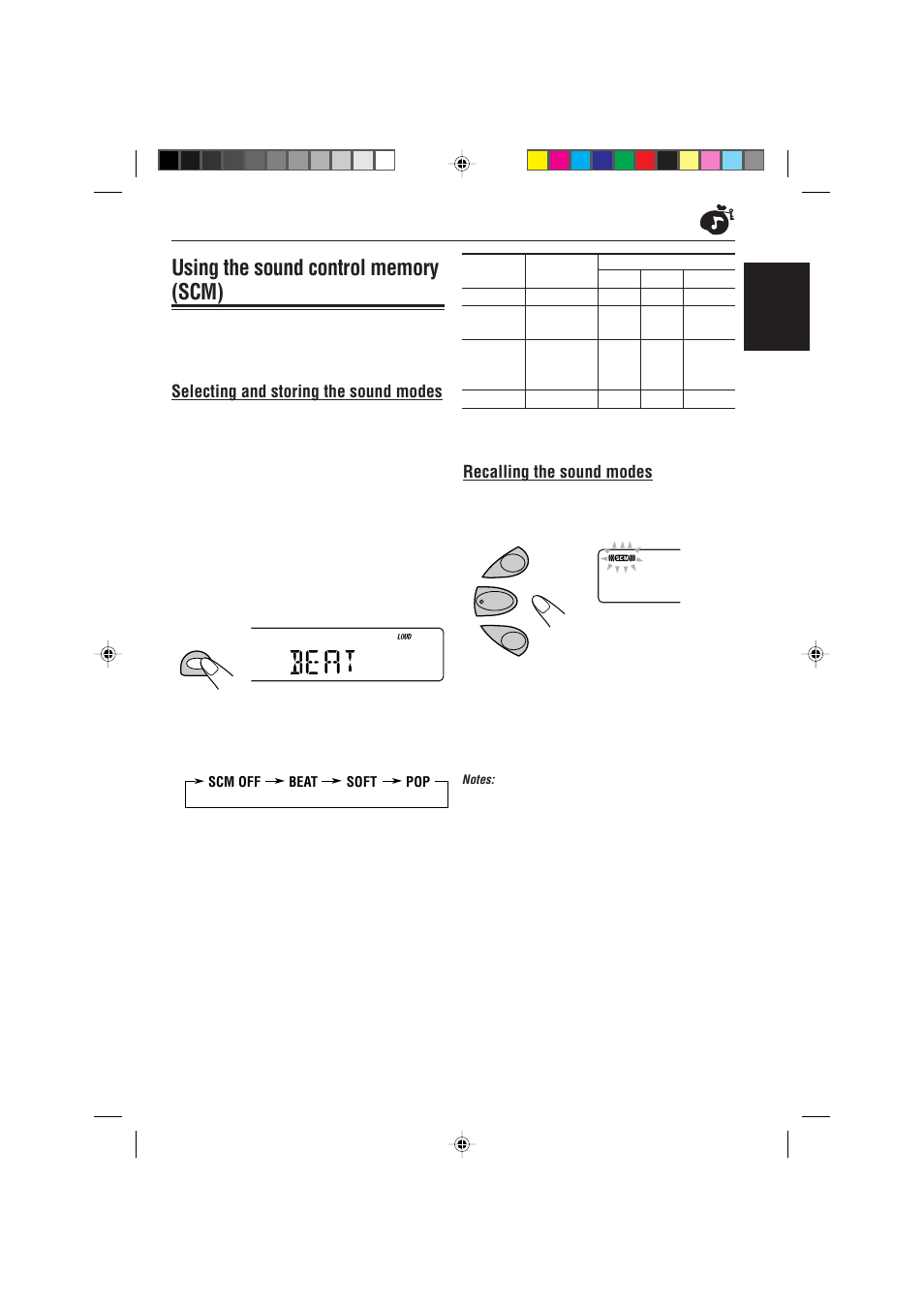 Using the sound control memory (scm), Selecting and storing the sound modes, Recalling the sound modes | English | JVC KD-S723R  EN User Manual | Page 21 / 32