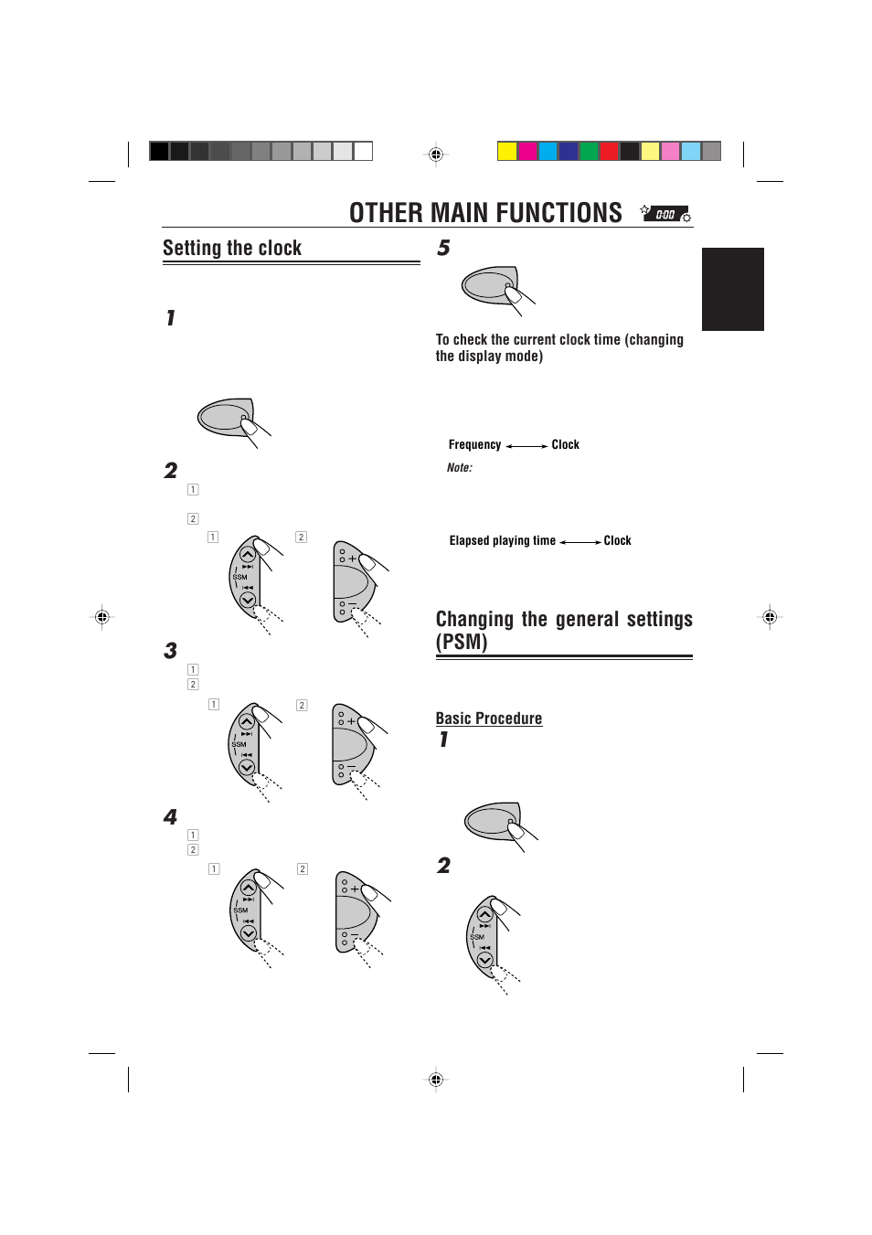 Other main functions, Setting the clock, Changing the general settings (psm) | Basic procedure | JVC KD-S723R  EN User Manual | Page 23 / 32