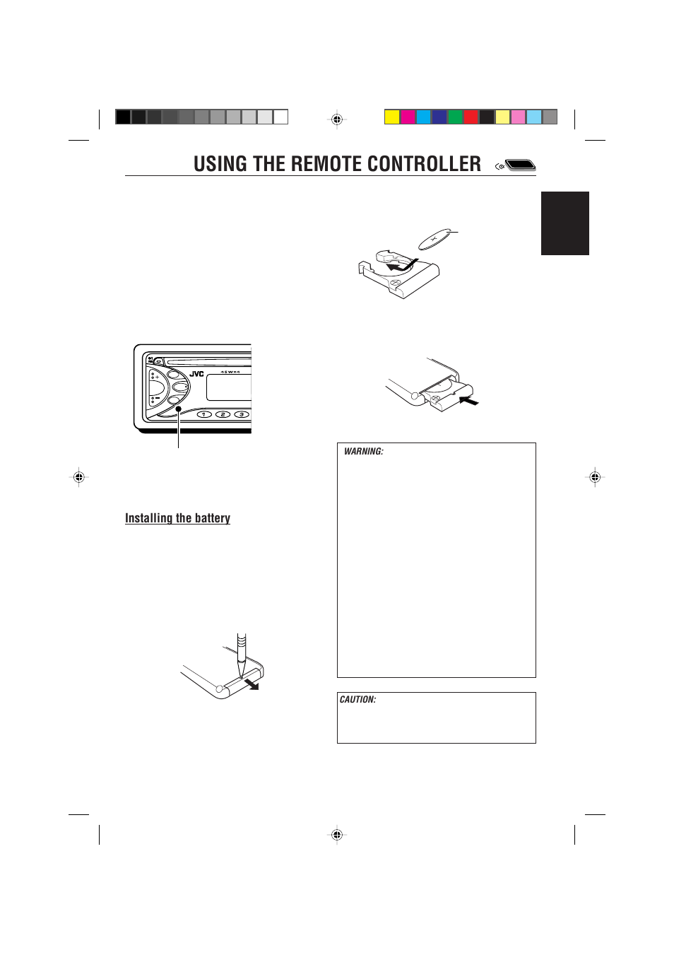 Using the remote controller, Installing the battery, English | JVC KD-S723R  EN User Manual | Page 27 / 32