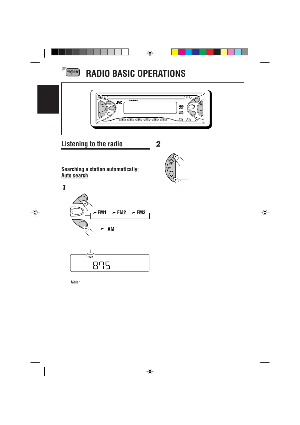 Radio basic operations, Listening to the radio, Searching a station automatically: auto search | English, Am fm1 fm2 fm3, Select the band (fm1 – 3, am), Start searching a station | JVC KD-S723R  EN User Manual | Page 6 / 32