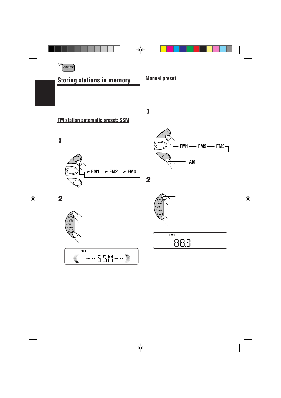 Storing stations in memory, Fm station automatic preset: ssm, Manual preset | JVC KD-S723R  EN User Manual | Page 8 / 32