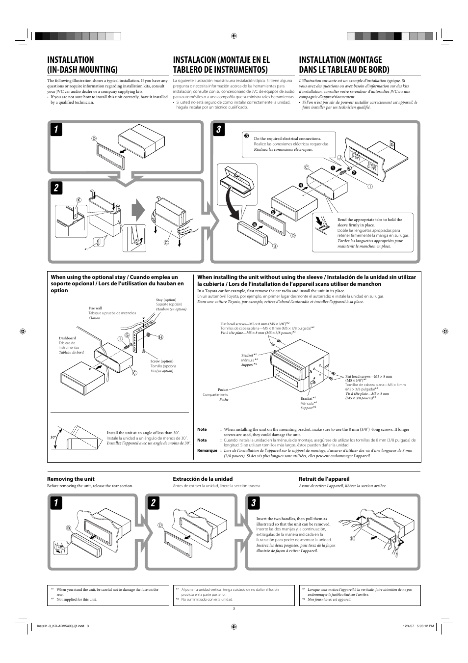 Installation (in-dash mounting), Installation (montage dans le tableau de bord), Removing the unit | Extracción de la unidad, Retrait de l’appareil | JVC KD-ADV5490 User Manual | Page 3 / 6