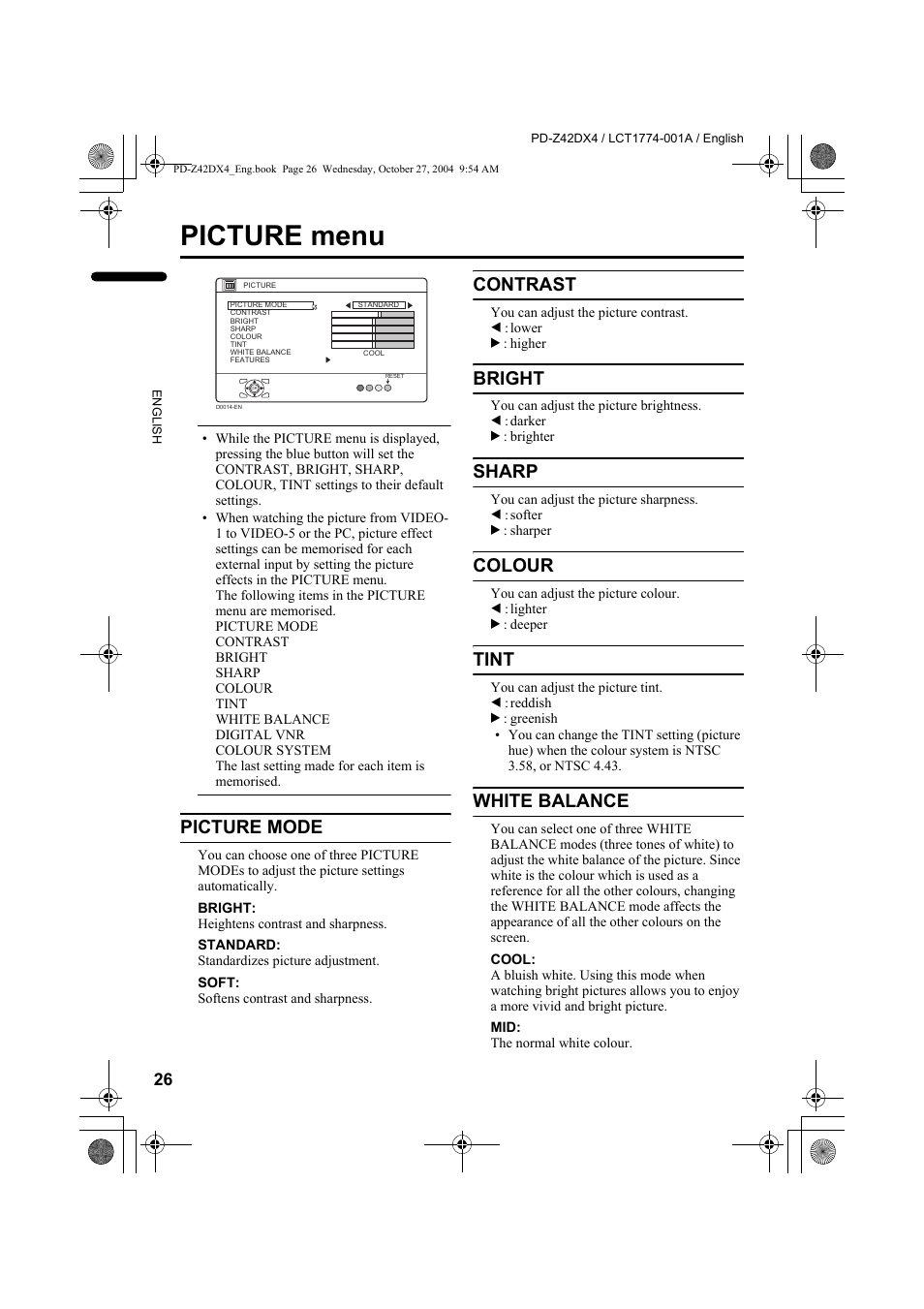 Picture menu, Picture mode, Contrast | Bright, Sharp, Colour, Tint, White balance | JVC 1004MKH-CR-VP User Manual | Page 27 / 54