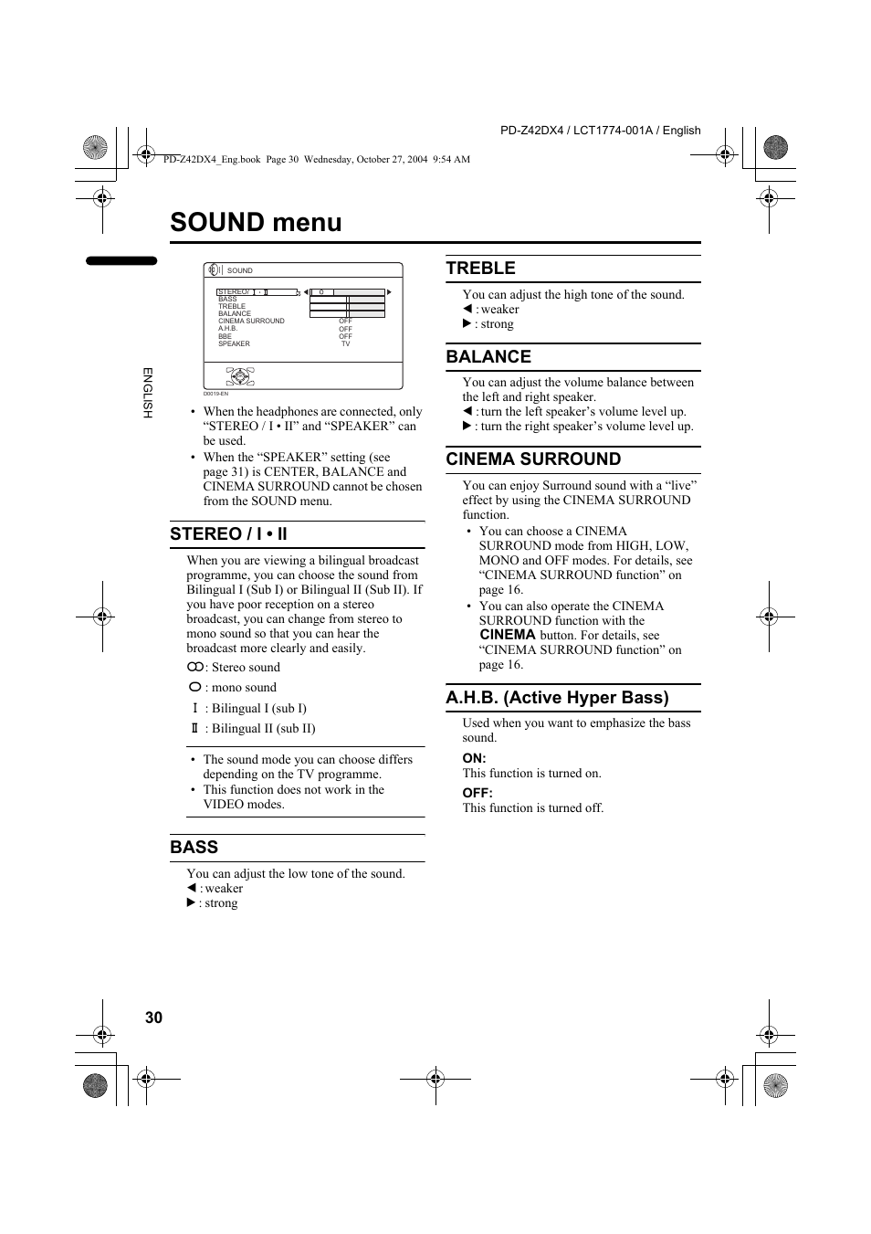 Sound menu, Stereo / i • ii, Bass | Treble, Balance, Cinema surround, A.h.b. (active hyper bass) | JVC 1004MKH-CR-VP User Manual | Page 31 / 54