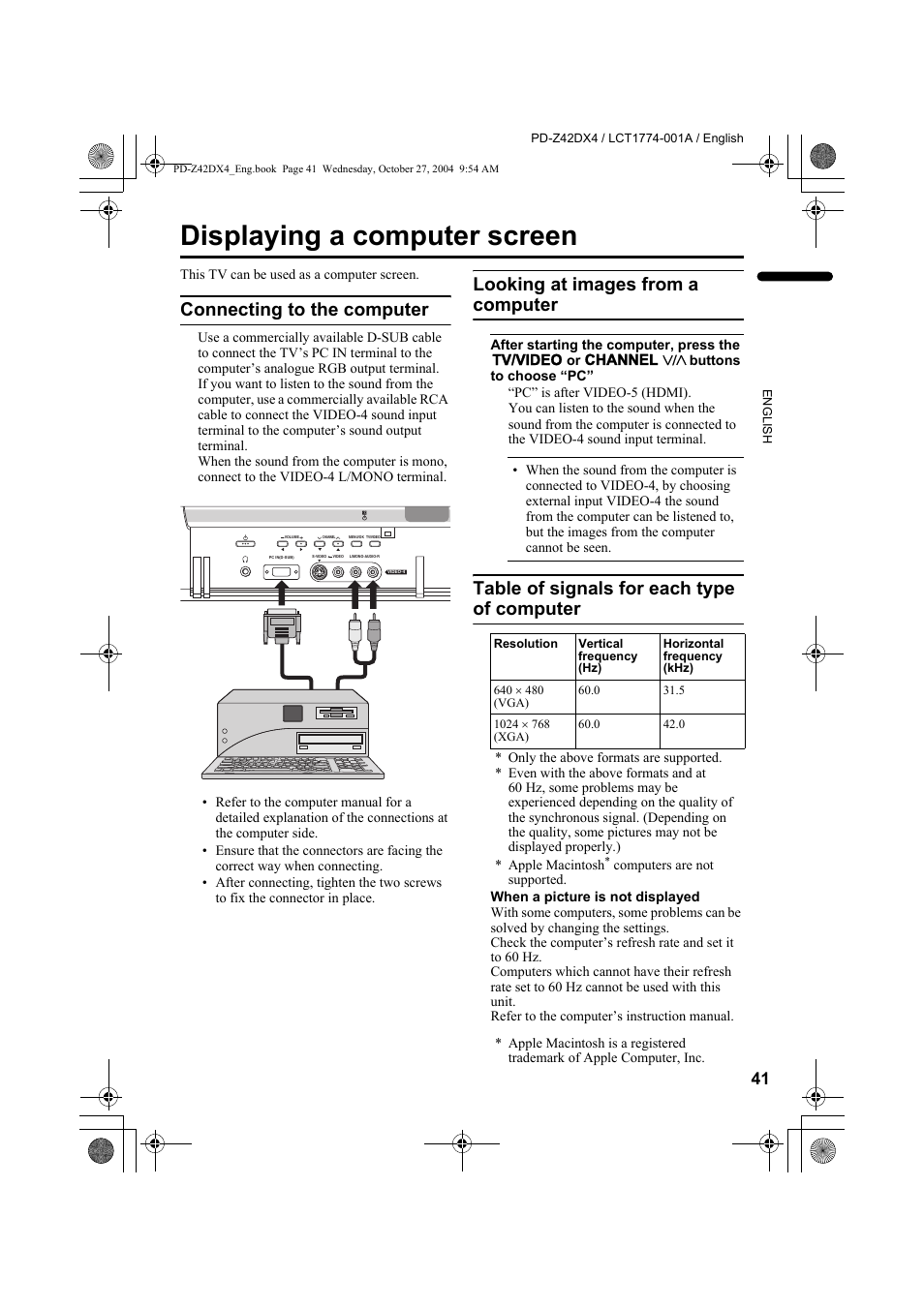 Displaying a computer screen, Connecting to the computer, Looking at images from a computer | Table of signals for each type of computer, Computer | JVC 1004MKH-CR-VP User Manual | Page 42 / 54
