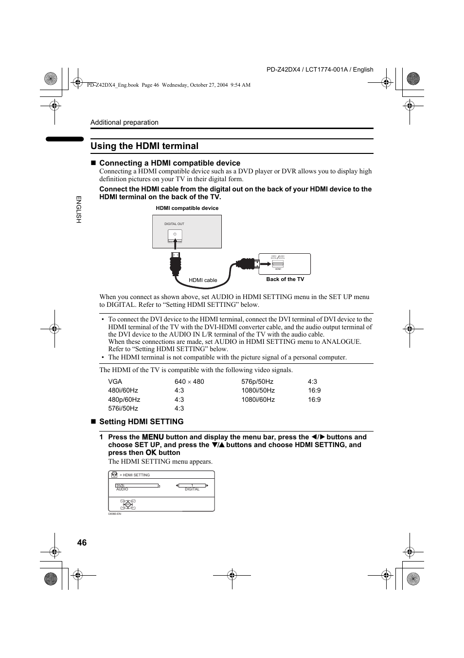 Using the hdmi terminal, Connecting a hdmi compatible device, Setting hdmi setting | JVC 1004MKH-CR-VP User Manual | Page 47 / 54
