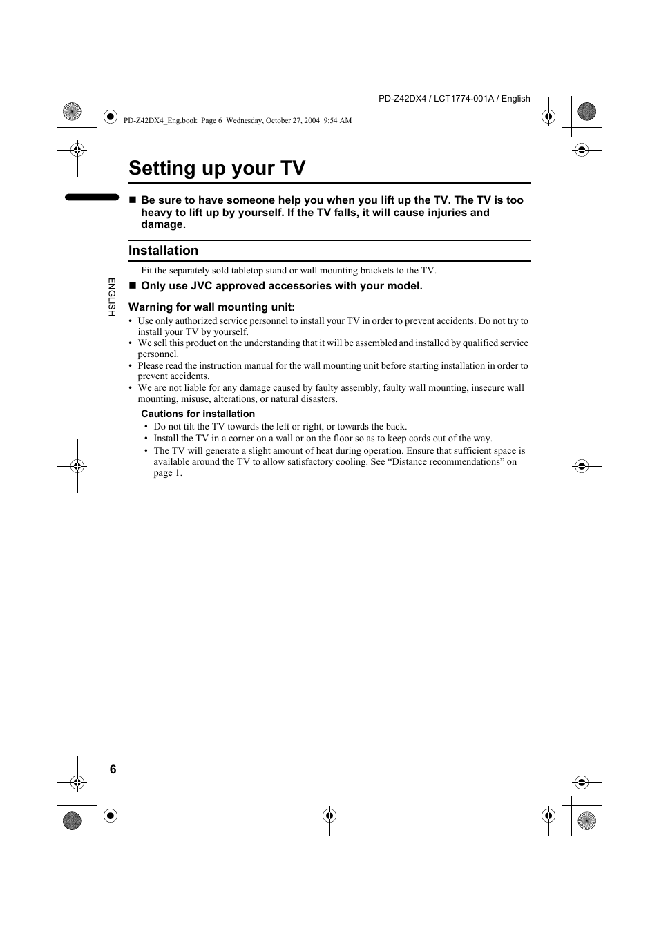 Setting up your tv, Installation | JVC 1004MKH-CR-VP User Manual | Page 7 / 54
