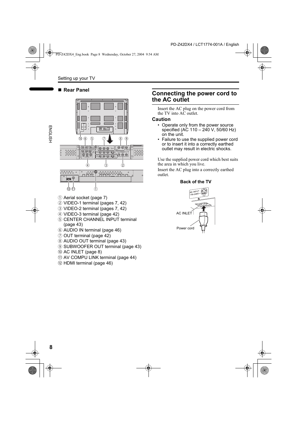 Connecting the power cord to the ac outlet, Connecting the power cord to the ac, Outlet | Rear panel, Caution, Setting up your tv, Back of the tv | JVC 1004MKH-CR-VP User Manual | Page 9 / 54