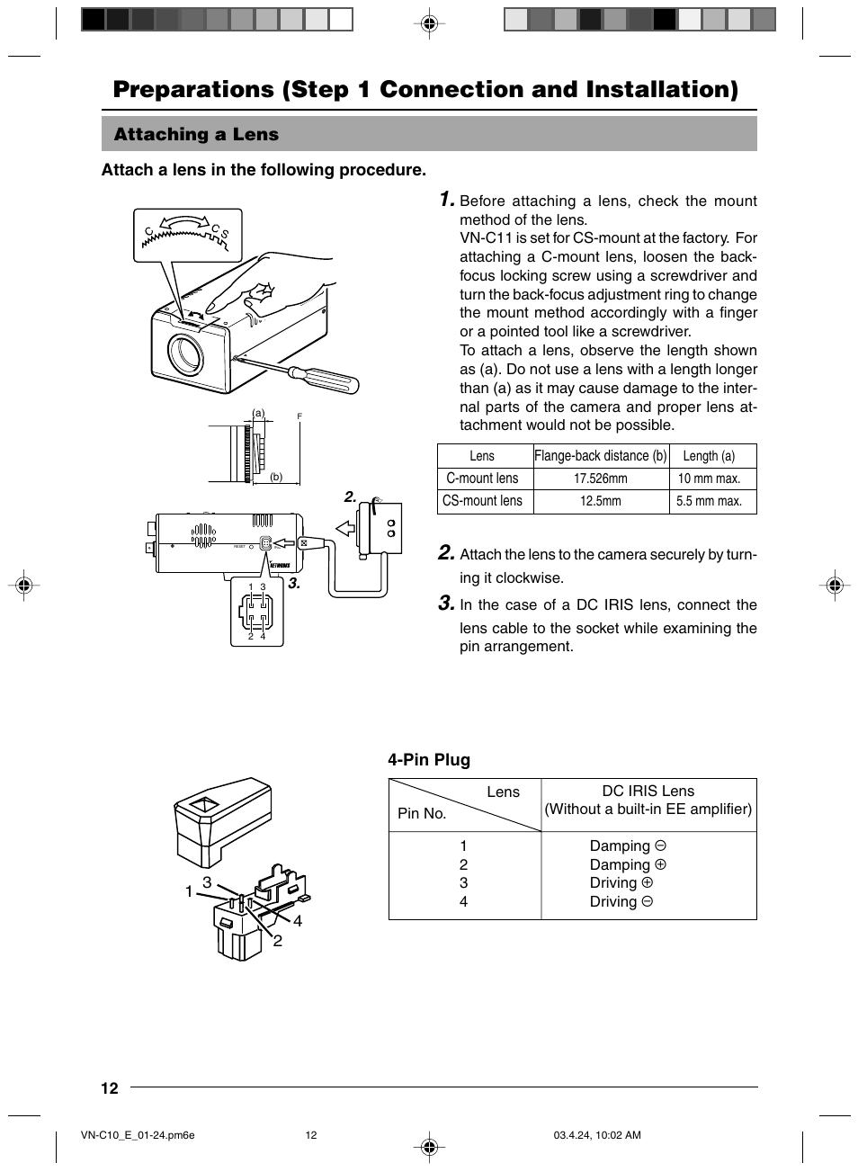 Step 1 connection and installation, Attaching a lens, Preparations (step 1 connection and installation) | JVC VN-C11 User Manual | Page 12 / 32