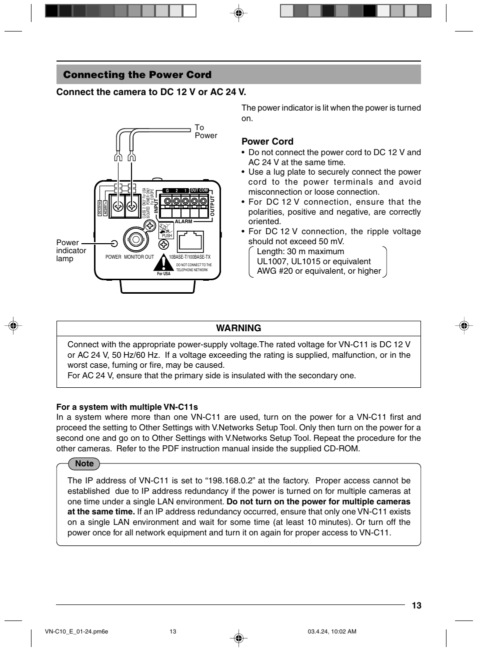 Connecting the power cord, Connect the camera to dc 12 v or ac 24 v, Warning | Power cord, Power indicator lamp to power | JVC VN-C11 User Manual | Page 13 / 32