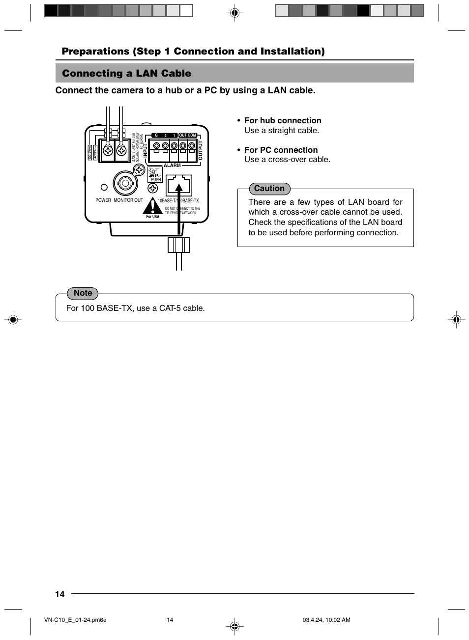 Connecting a lan cable, Preparations (step 1 connection and installation) | JVC VN-C11 User Manual | Page 14 / 32