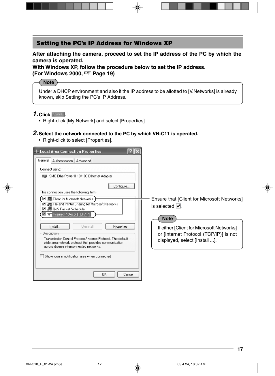 Setting the pc’s ip address for windows xp | JVC VN-C11 User Manual | Page 17 / 32