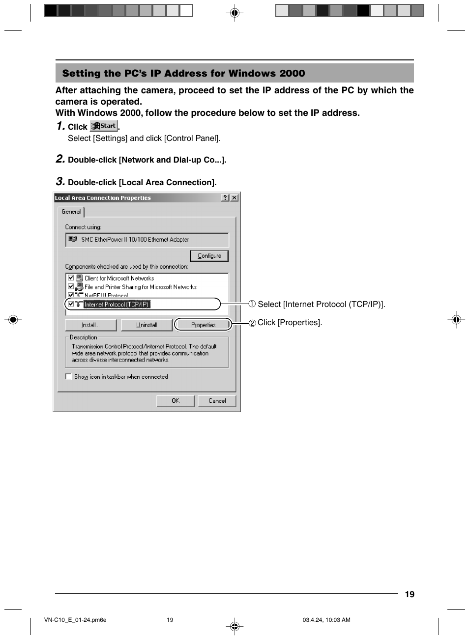 Setting the pc’s ip address for windows 2000 | JVC VN-C11 User Manual | Page 19 / 32