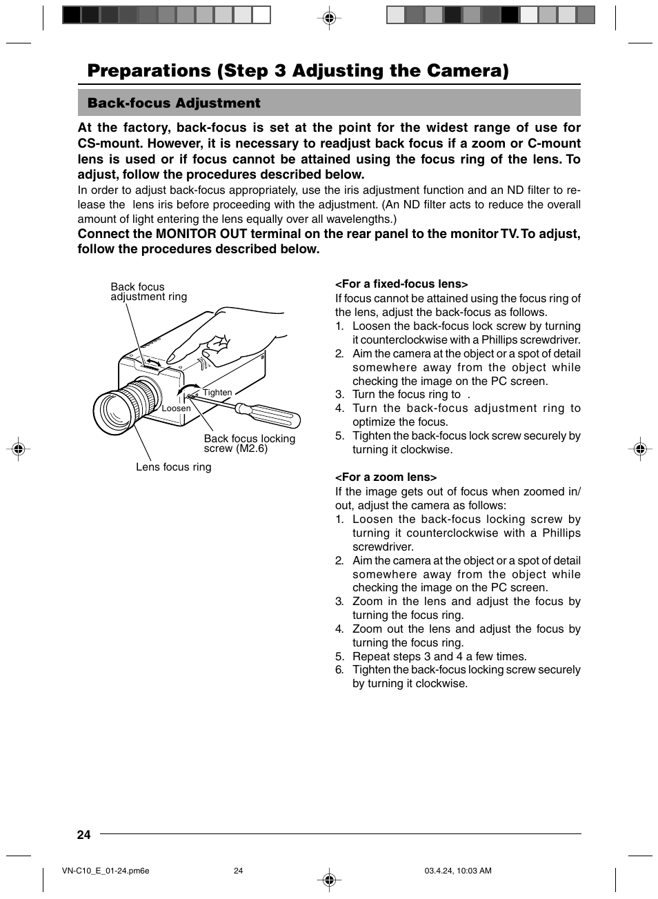 Step 3 adjusting the camera, Back-focus adjustment, Preparations (step 3 adjusting the camera) | JVC VN-C11 User Manual | Page 24 / 32