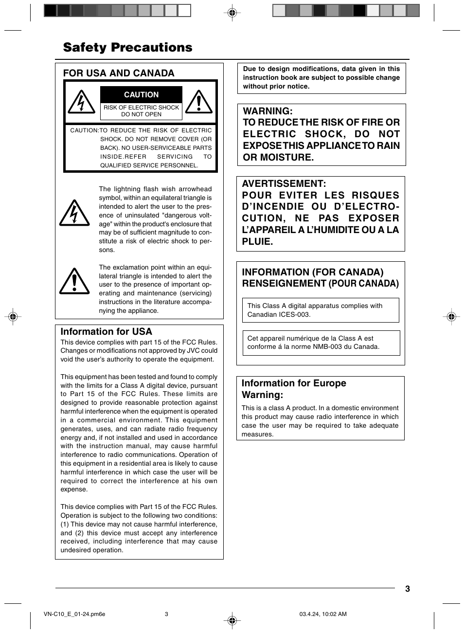 Safety precautions, Information for usa, Information for europe warning | For usa and canada | JVC VN-C11 User Manual | Page 3 / 32