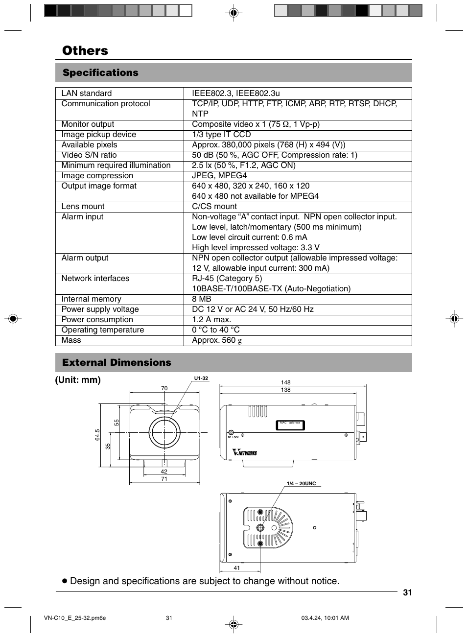 Others, Specifications, External dimensions | JVC VN-C11 User Manual | Page 31 / 32