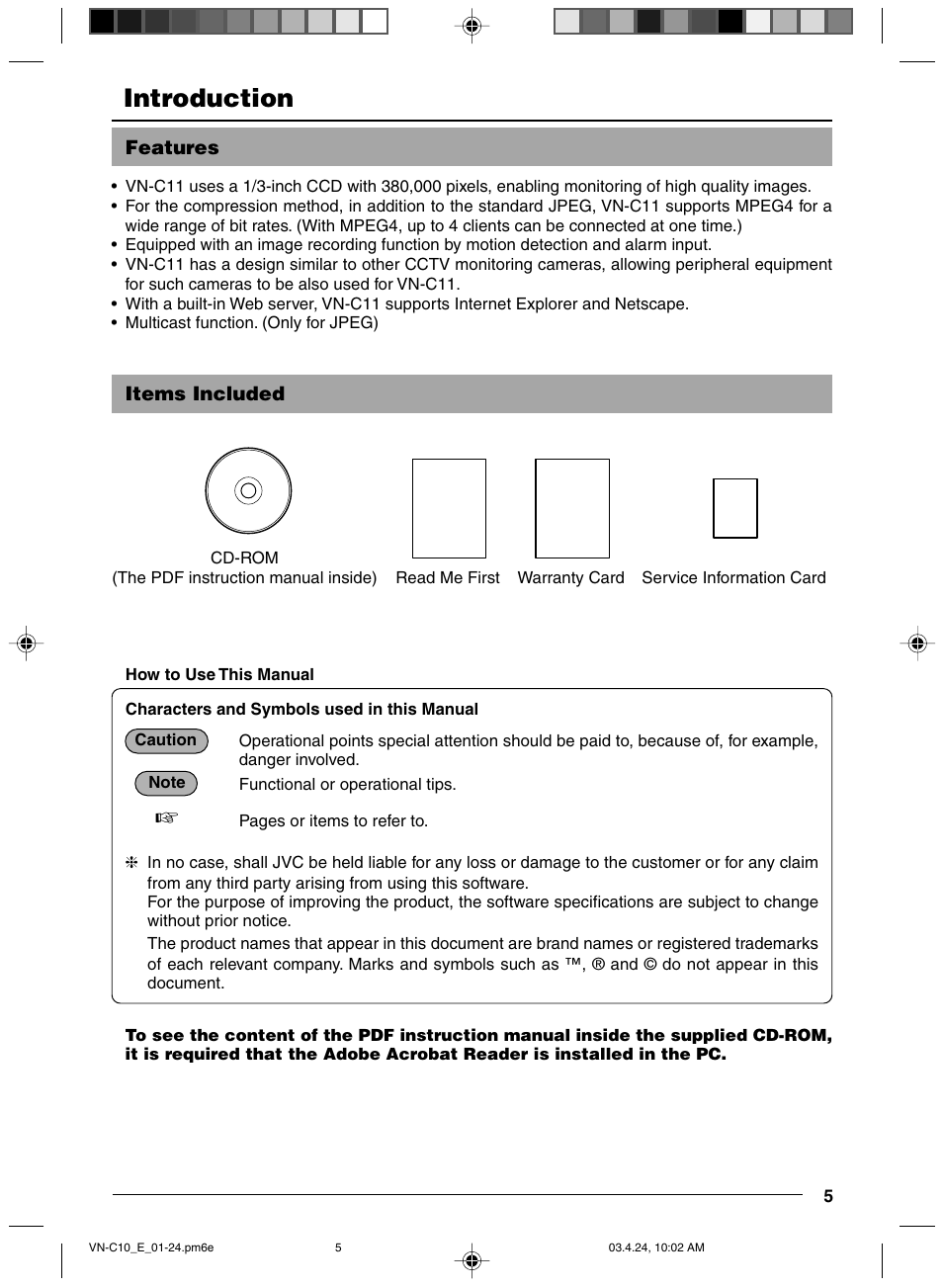 Features, Items included, Introduction | JVC VN-C11 User Manual | Page 5 / 32