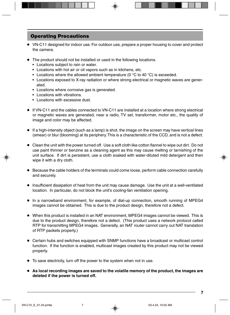 Operating precautions | JVC VN-C11 User Manual | Page 7 / 32