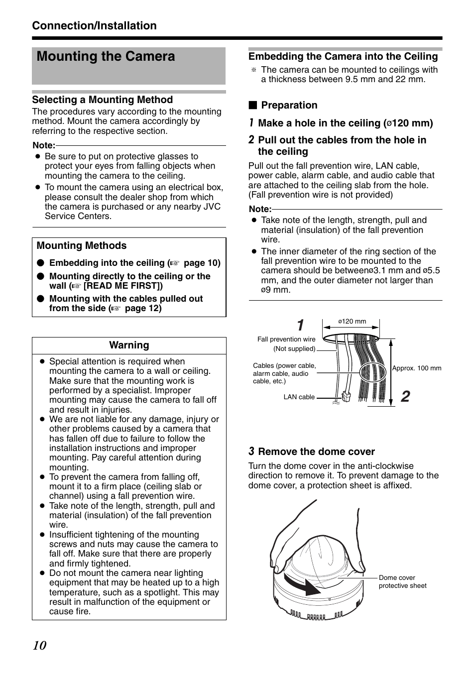 Connection/installation, Mounting the camera, Embedding the camera into the ceiling | JVC VN-V235U User Manual | Page 10 / 18