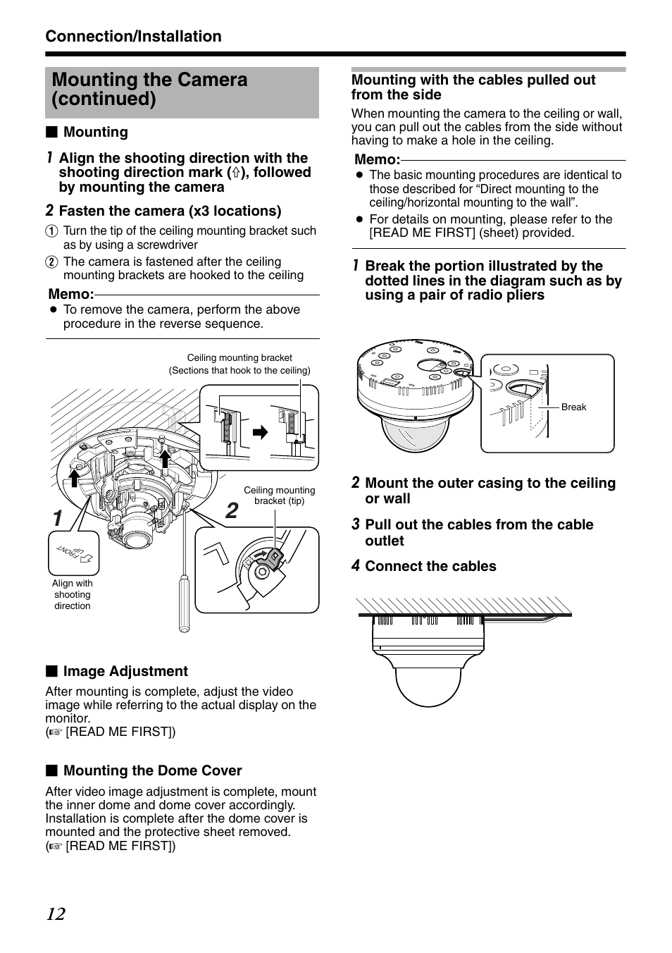 Mounting with the cables pulled out from the side, Mounting with the cables pulled out, From the side | Mounting the camera (continued) | JVC VN-V235U User Manual | Page 12 / 18