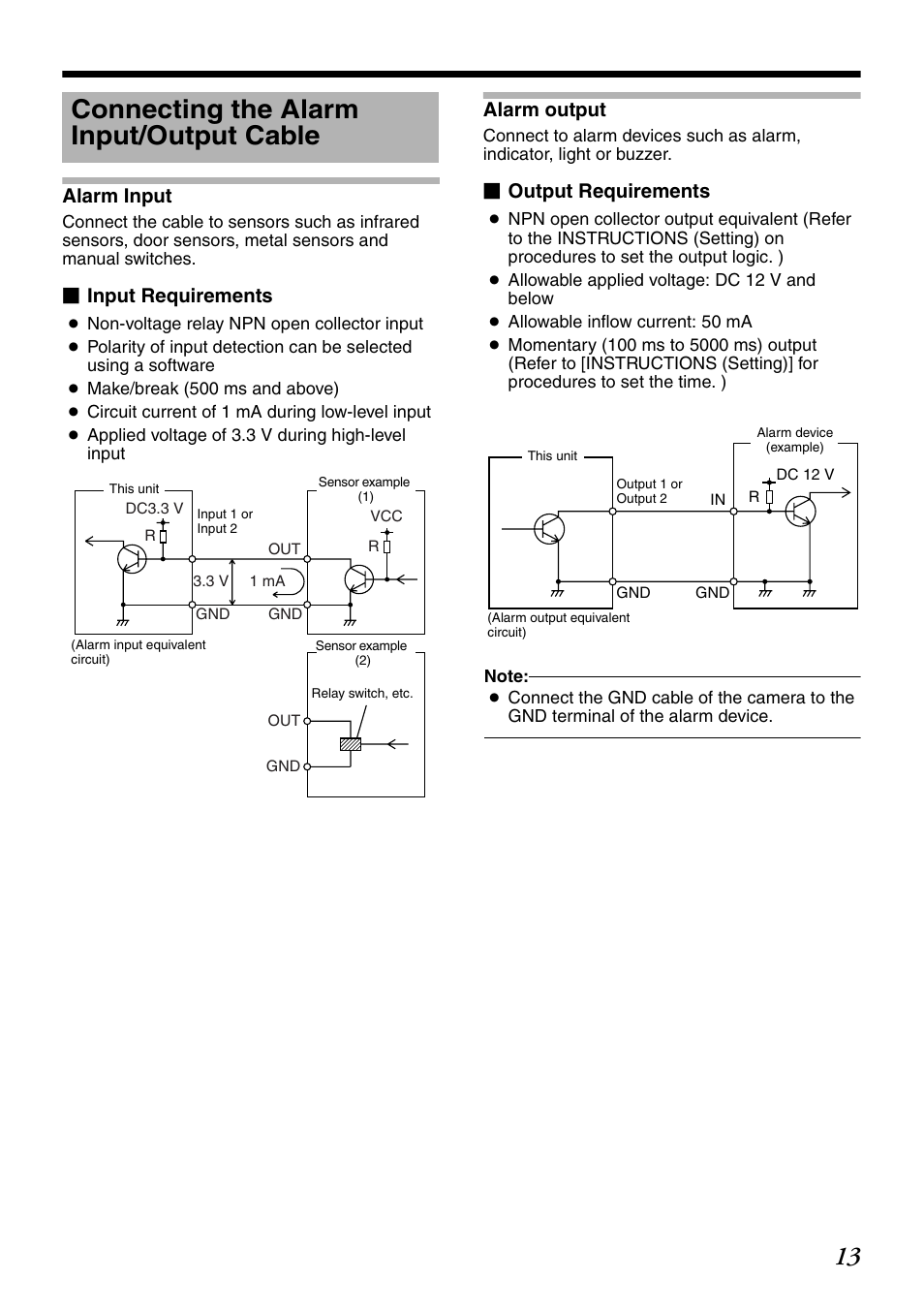 Connecting the alarm input/output cable, Alarm input, Input requirements | Alarm output, Output requirements | JVC VN-V235U User Manual | Page 13 / 18
