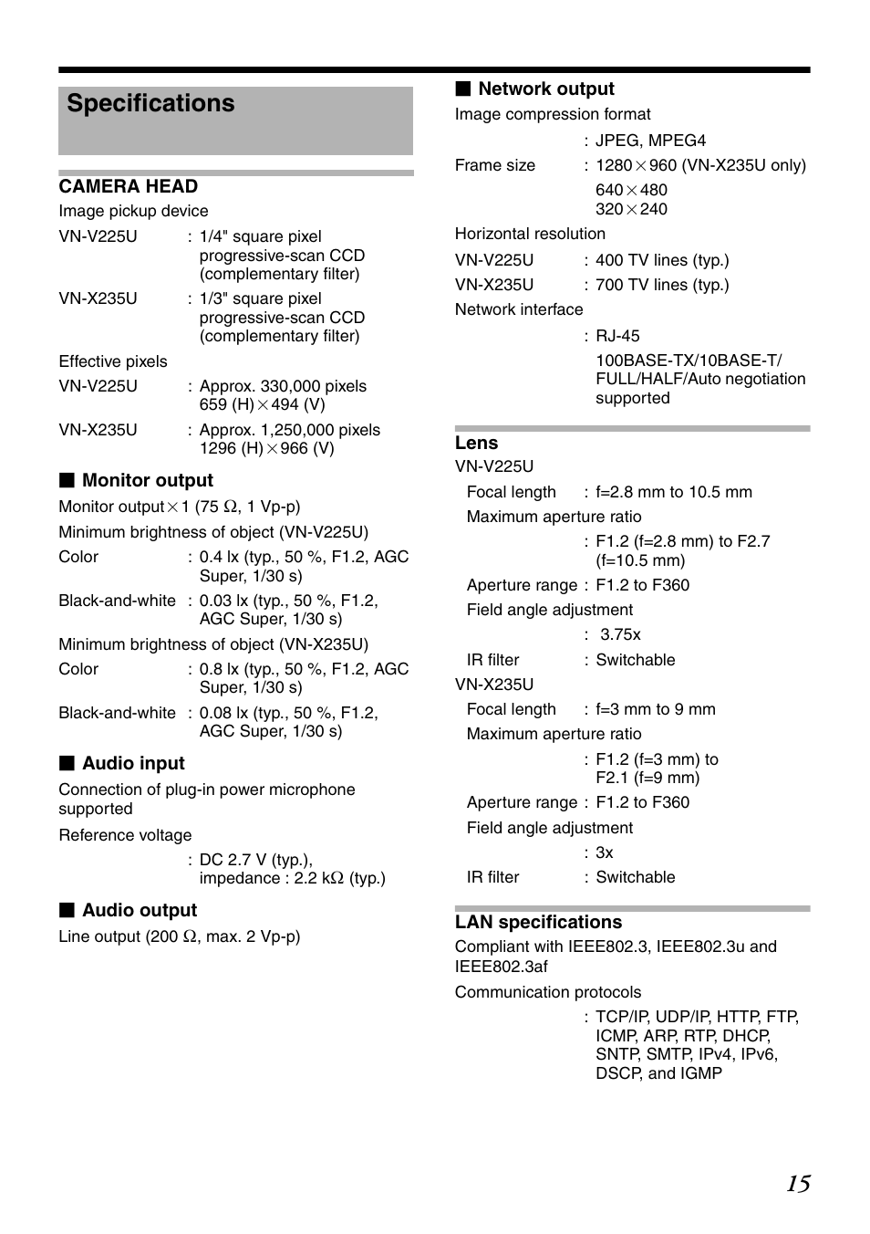 Specifications | JVC VN-V235U User Manual | Page 15 / 18